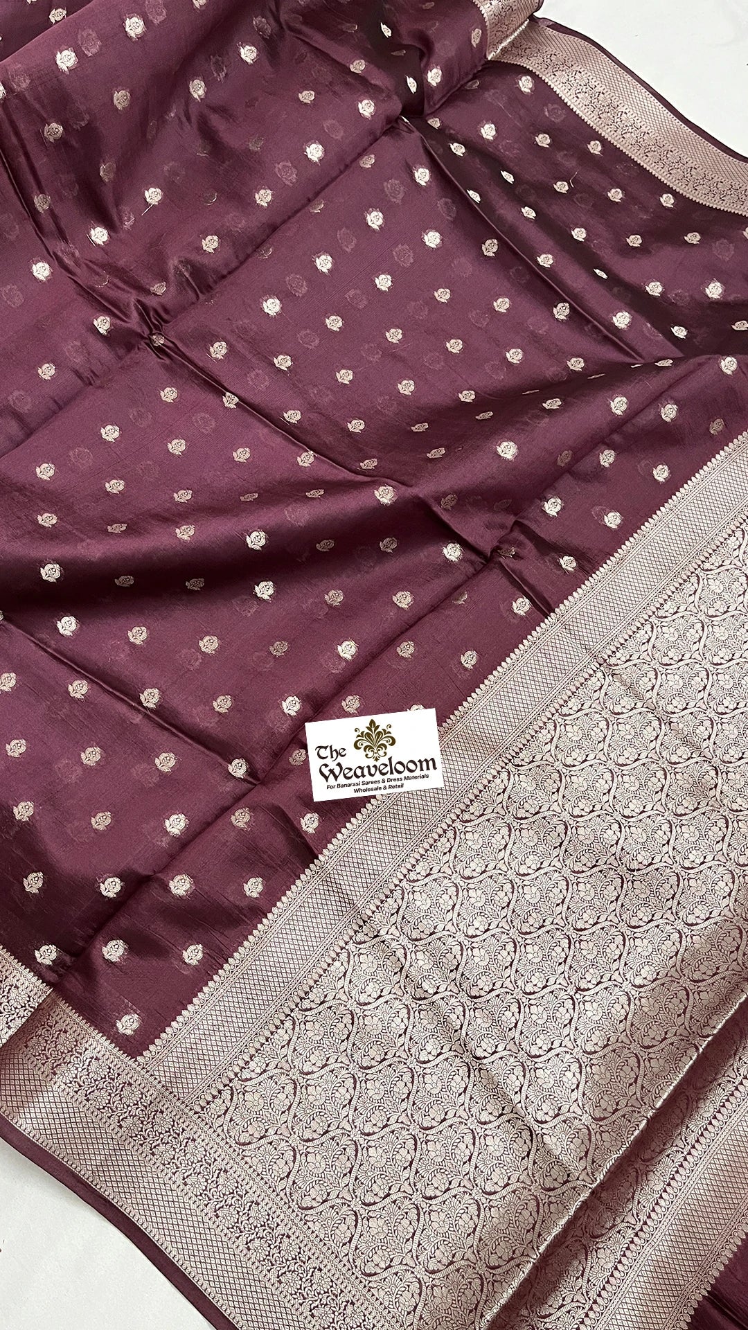 Wine Floral Buti Dupion Silk Pure Banarasi Saree with Silver Zari Jaal Border by The Weaveloom