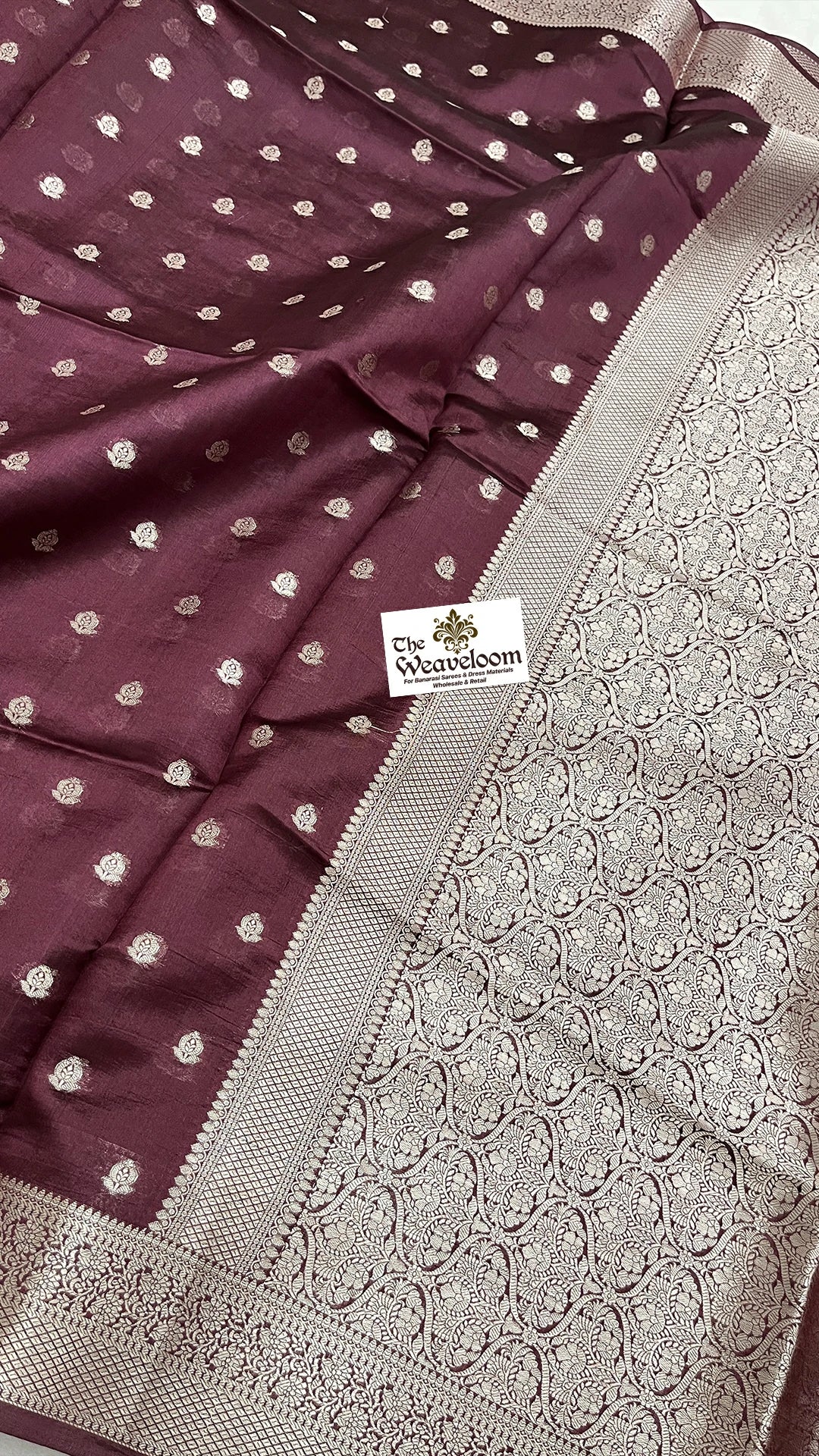 Wine Floral Buti Dupion Silk Pure Banarasi Saree with Silver Zari Jaal Border by The Weaveloom