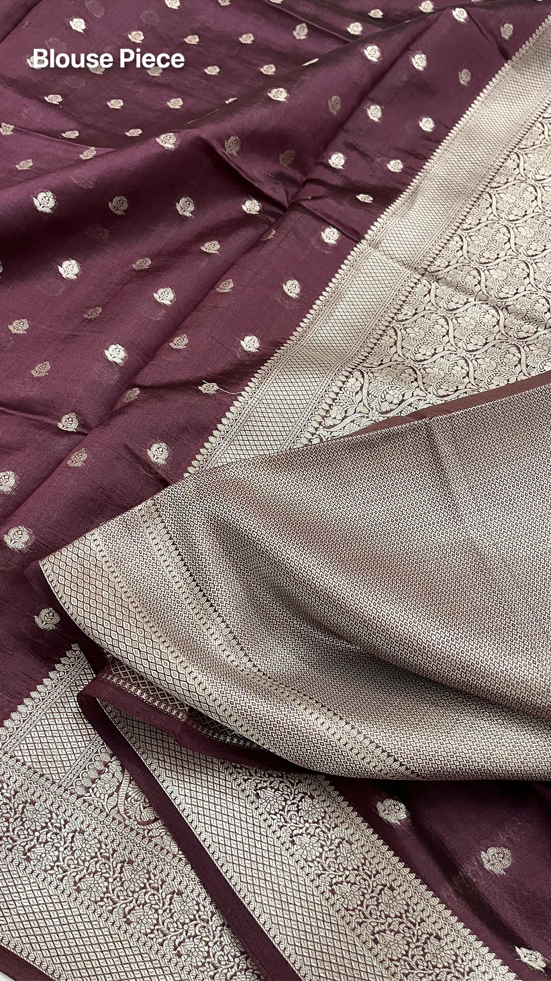Wine Floral Buti Dupion Silk Pure Banarasi Saree with Silver Zari Jaal Border by The Weaveloom