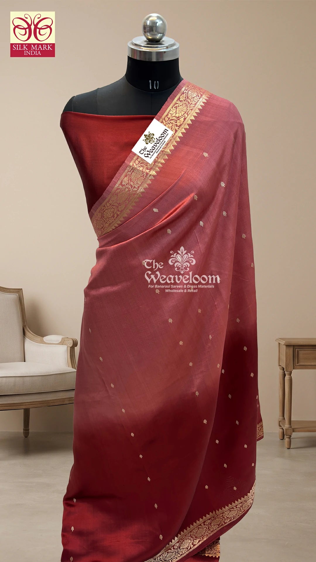 Wine Gajri dual-shade handloom pure Banarasi saree with booti motifs by The Weaveloom