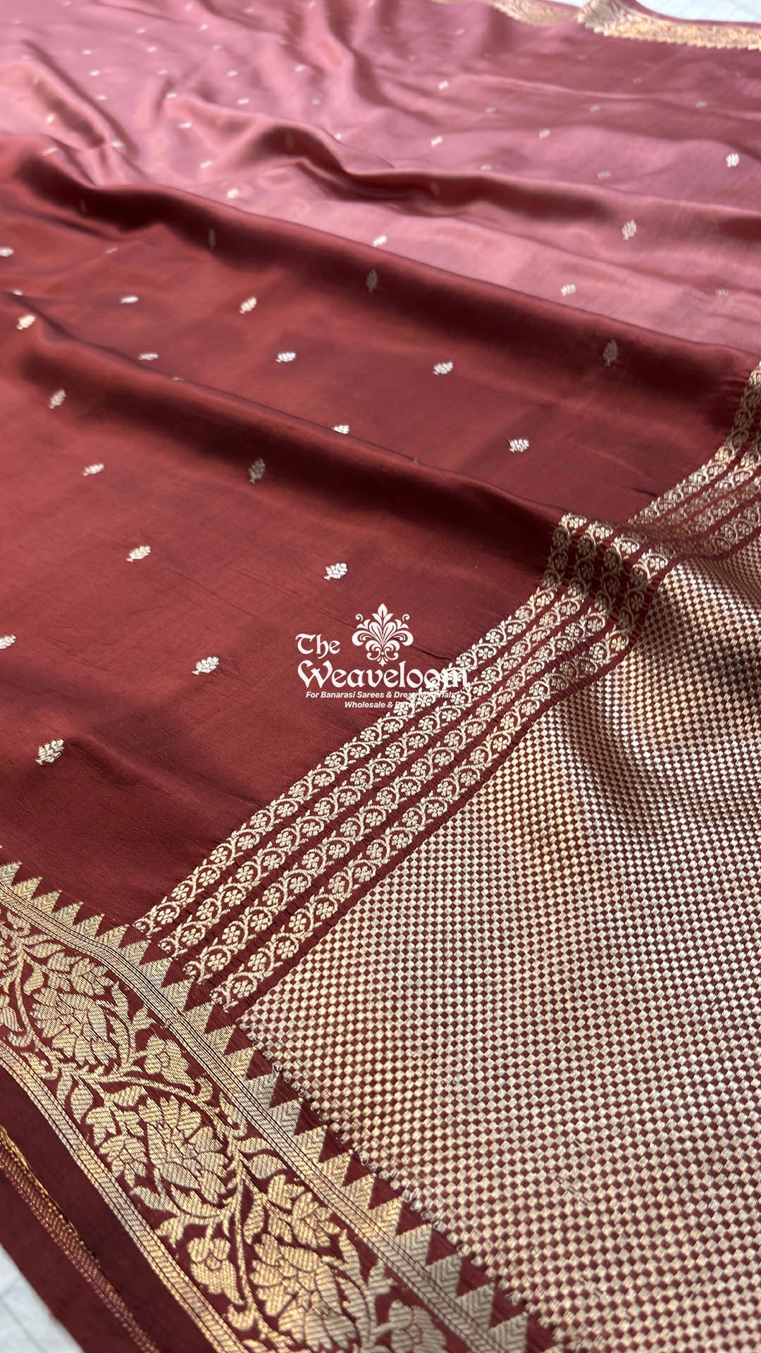 Wine Gajri dual-shade handloom pure Banarasi saree with booti motifs by The Weaveloom