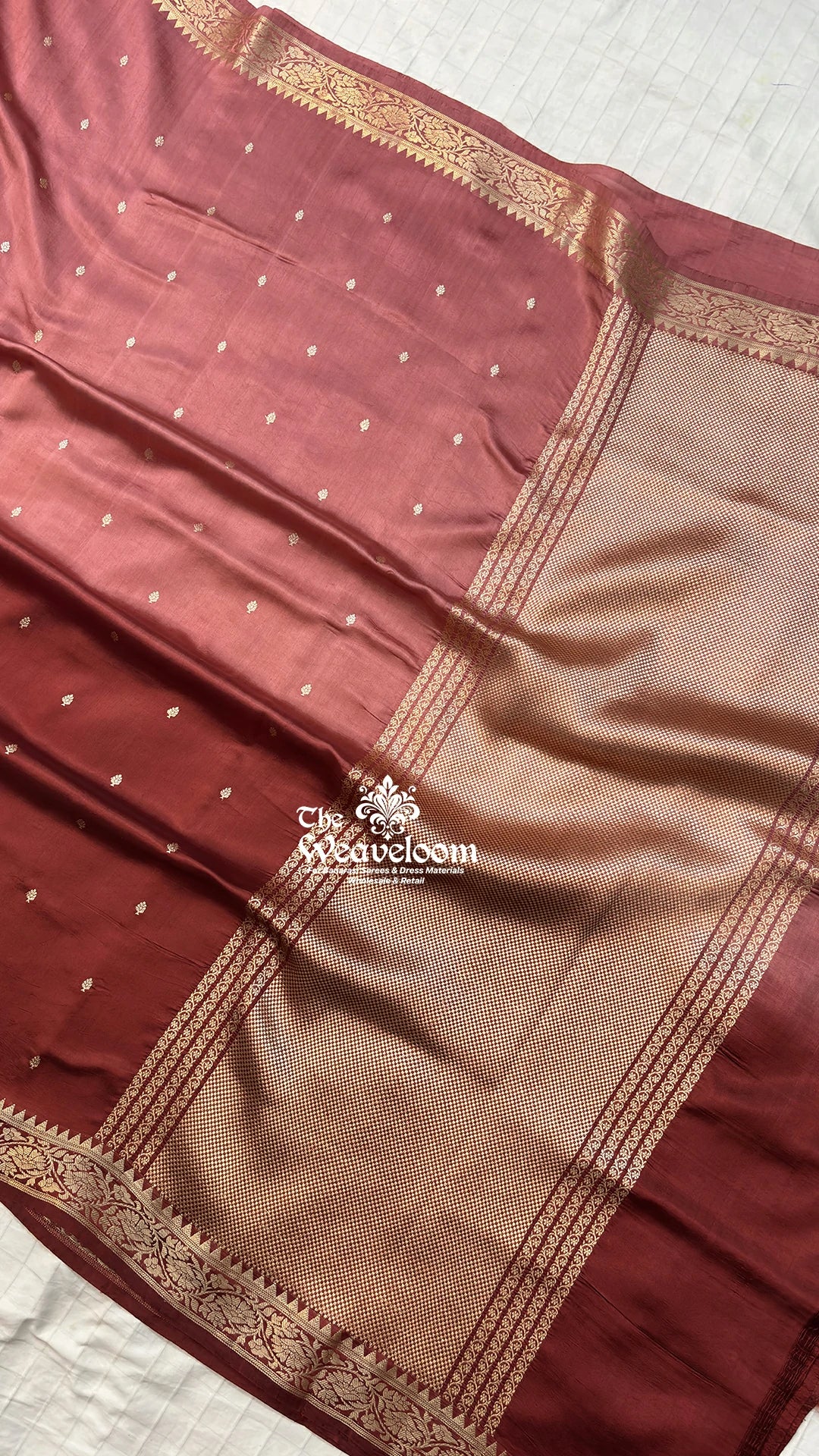 Wine Gajri dual-shade handloom pure Banarasi saree with booti motifs by The Weaveloom