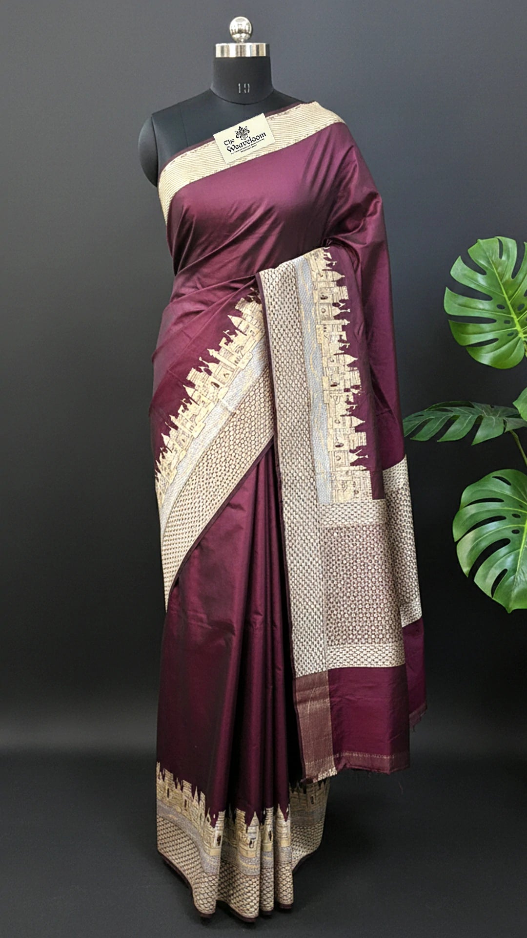 Wine Kashi Ghat Temple Border Pure Katan Silk Handloom Banarasi Saree by The Weaveloom