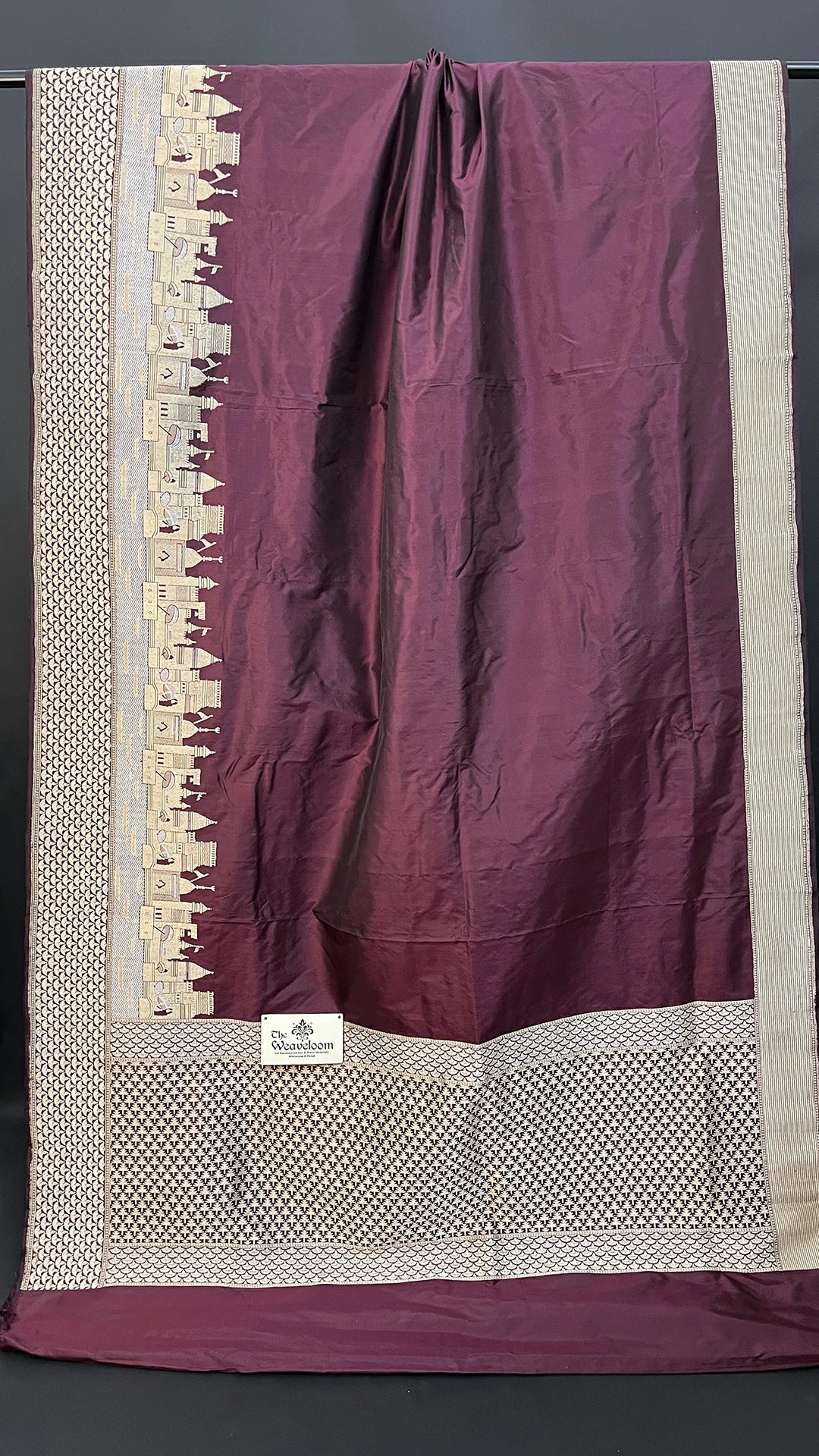 Wine Kashi Ghat Temple Border Pure Katan Silk Handloom Banarasi Saree by The Weaveloom