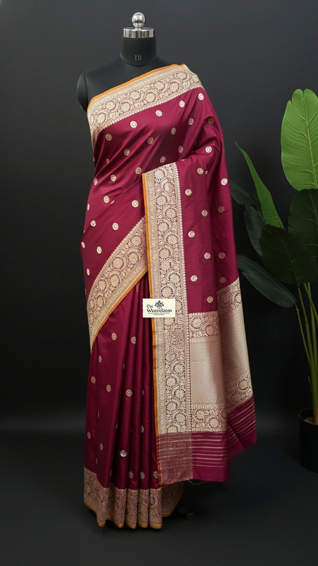 Wine Katan Silk Pure Handloom Banarasi Saree with Chand Tara Motifs and Zari Border by The Weaveloom