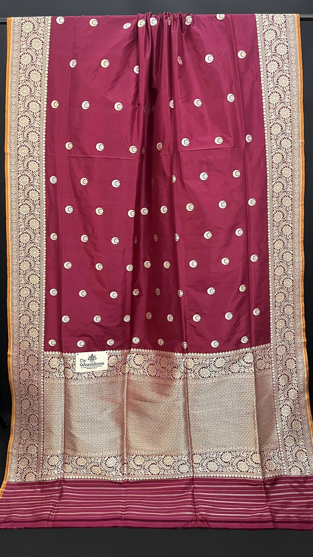 Wine Katan Silk Pure Handloom Banarasi Saree with Chand Tara Motifs and Zari Border by The Weaveloom