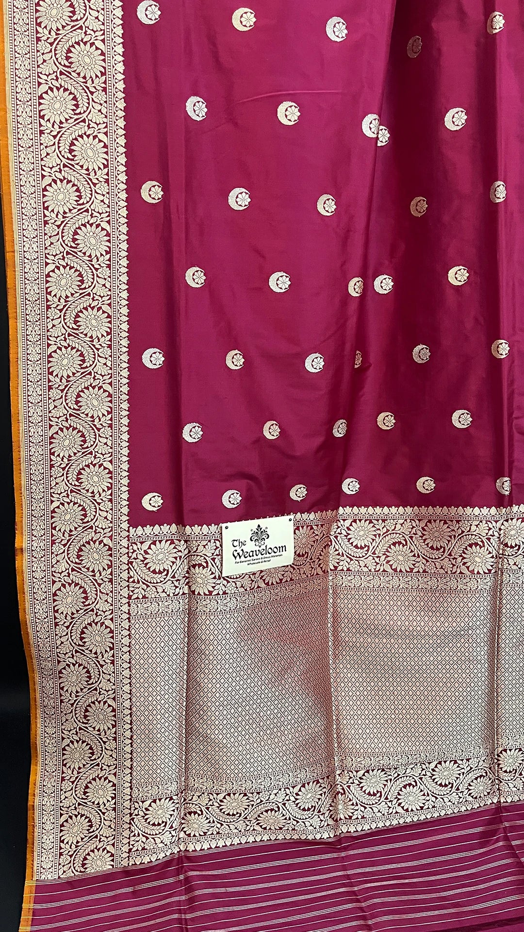 Wine Katan Silk Pure Handloom Banarasi Saree with Chand Tara Motifs and Zari Border by The Weaveloom
