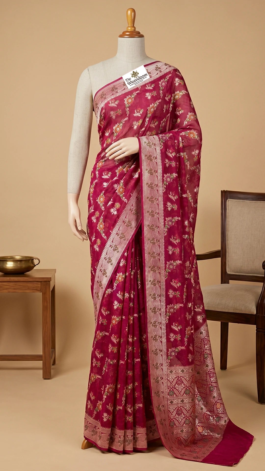 Wine Khaddi Chiffon Pure Banarasi Saree with Meenakari Floral Jaal Work Zari Border and Pallu – The Weaveloom