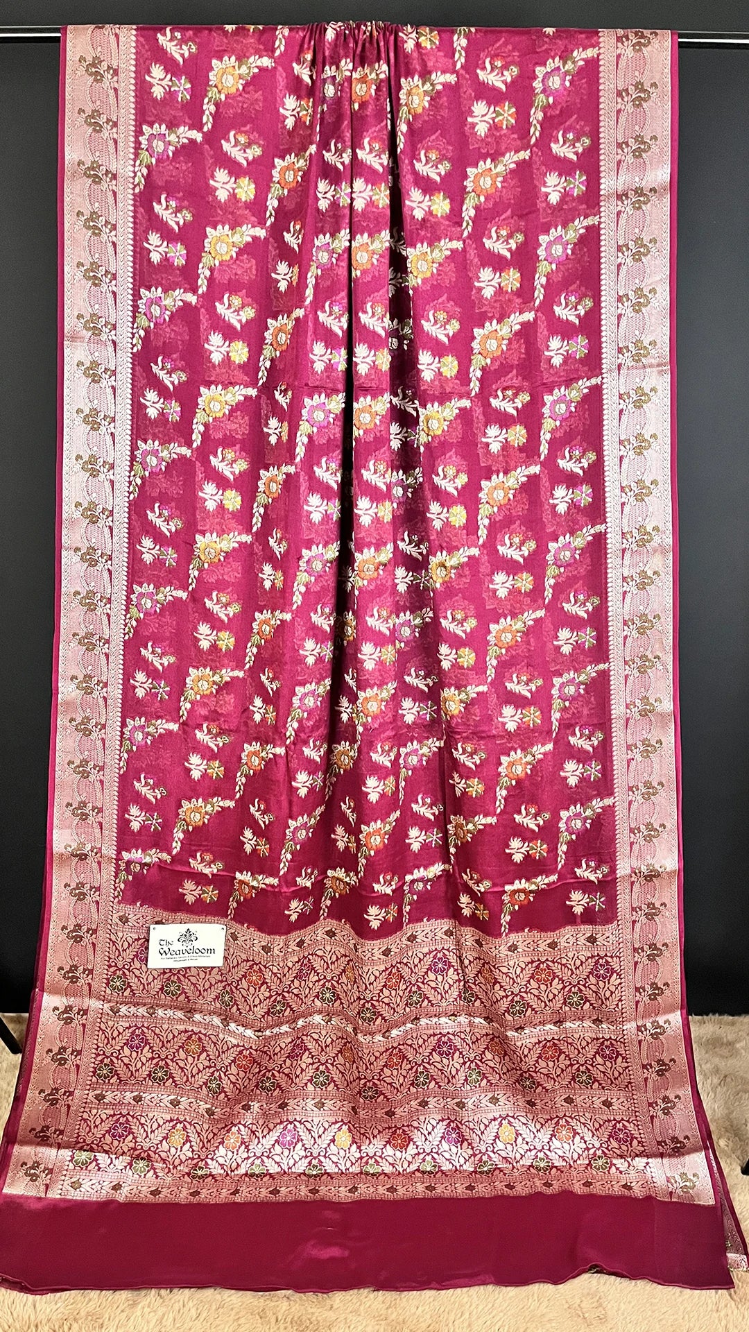 Wine Khaddi Chiffon Pure Banarasi Saree with Meenakari Floral Jaal Work Zari Border and Pallu – The Weaveloom