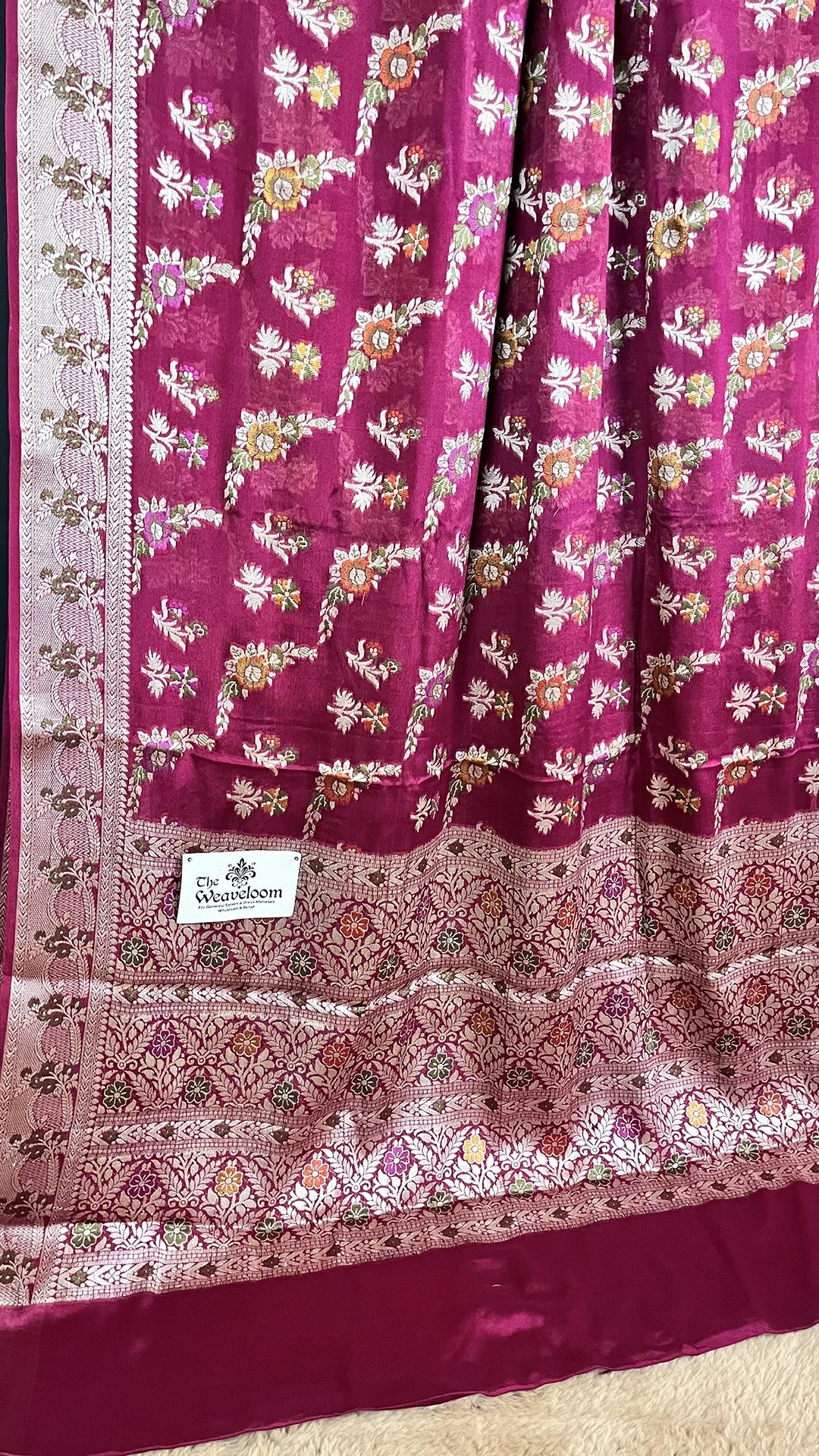 Wine Khaddi Chiffon Pure Banarasi Saree with Meenakari Floral Jaal Work Zari Border and Pallu – The Weaveloom