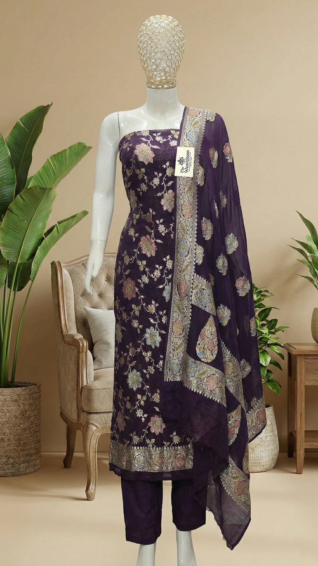 Wine Khaddi Georgette Pure Banarasi Dress Material Floral Jaal Water Zari by The Weaveloom