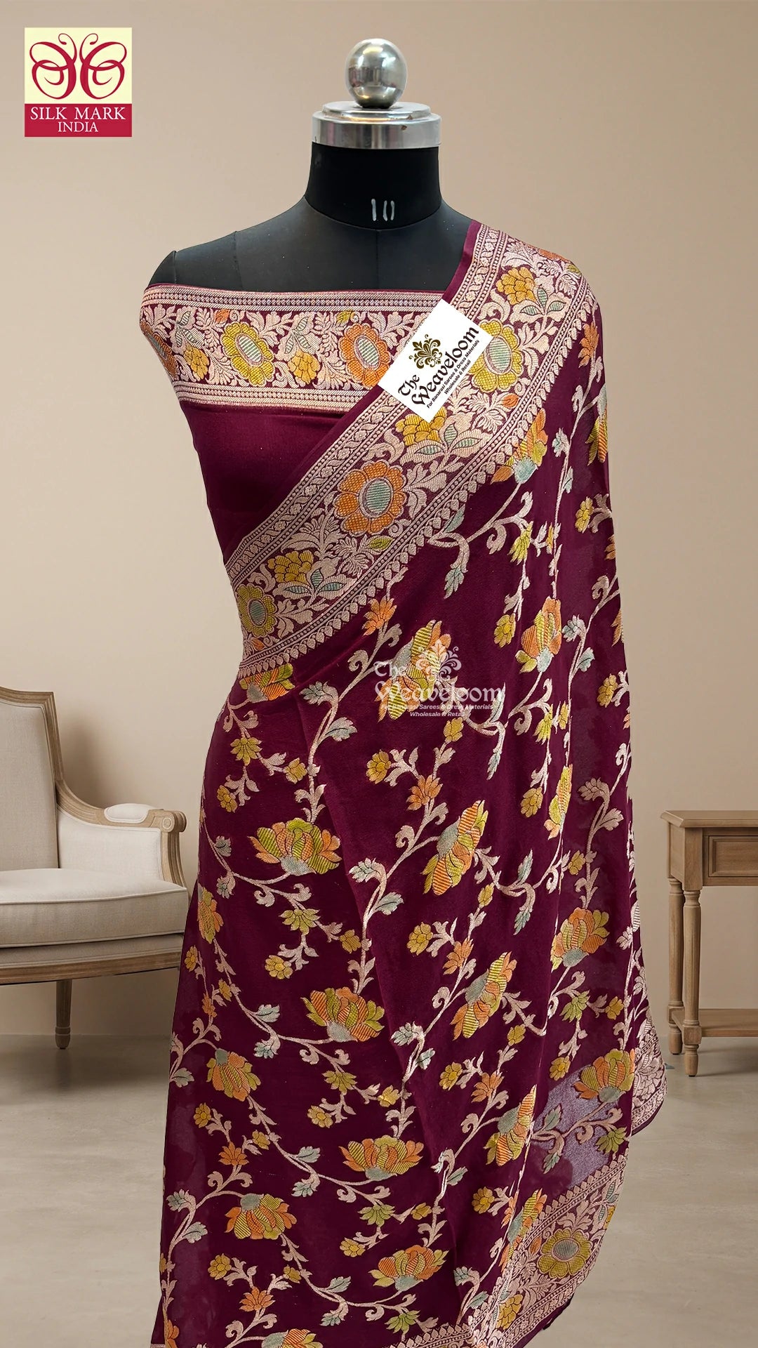 Wine Multicolour Jaal Work Crepe Georgette Pure Banarasi Saree by The Weaveloom