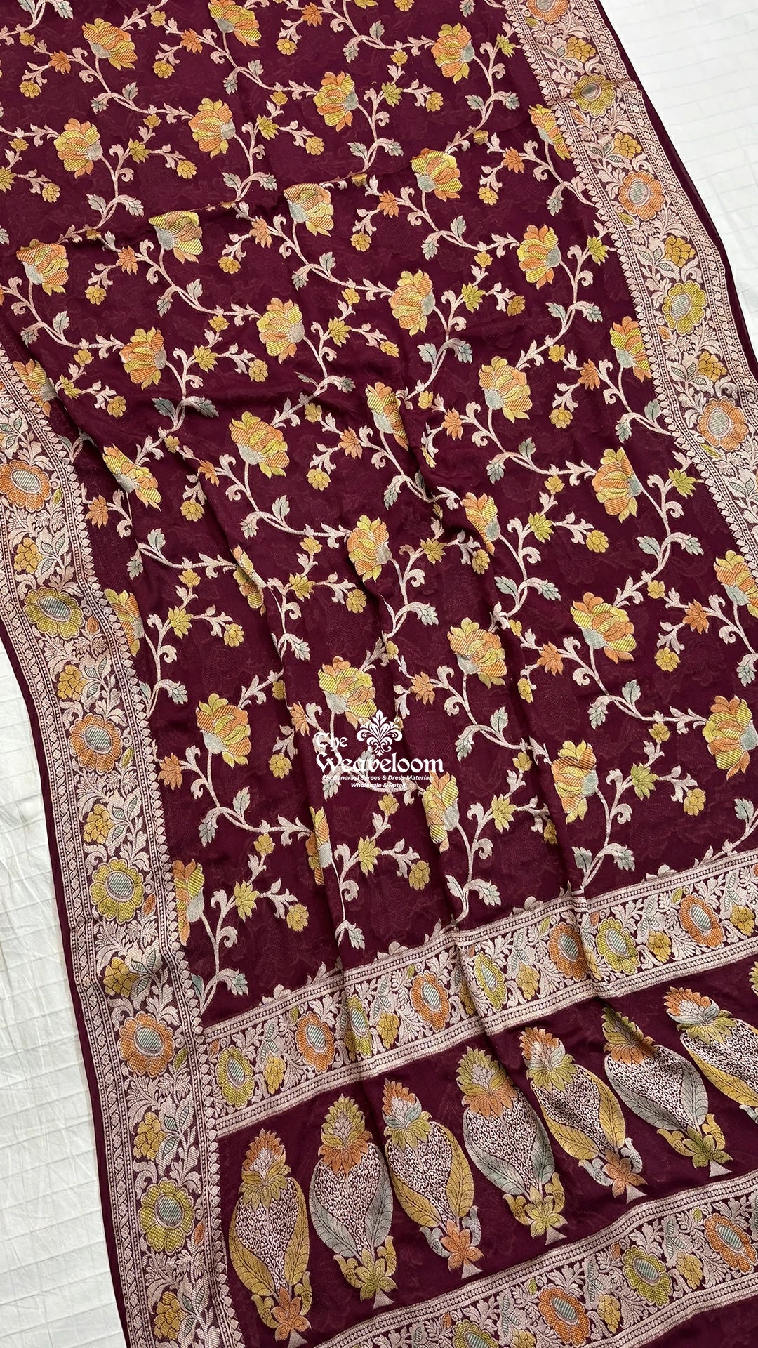 Wine Multicolour Jaal Work Crepe Georgette Pure Banarasi Saree by The Weaveloom