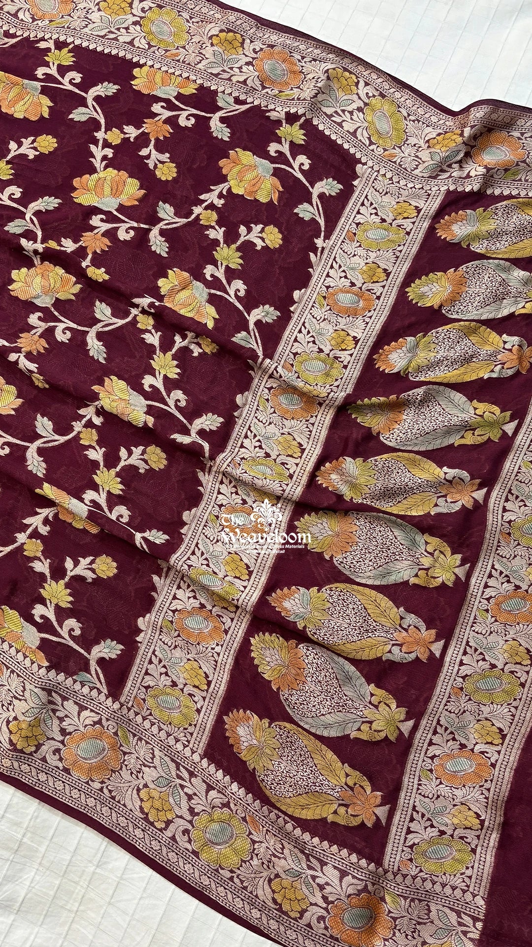 Wine Multicolour Jaal Work Crepe Georgette Pure Banarasi Saree by The Weaveloom