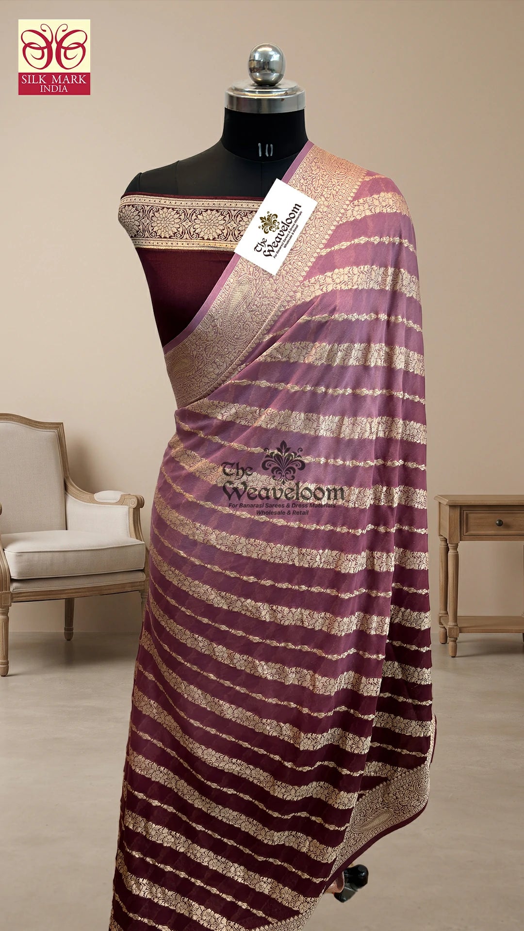 Wine Ombre Lehriya Crepe Georgette Pure Banarasi Saree from The Weaveloom