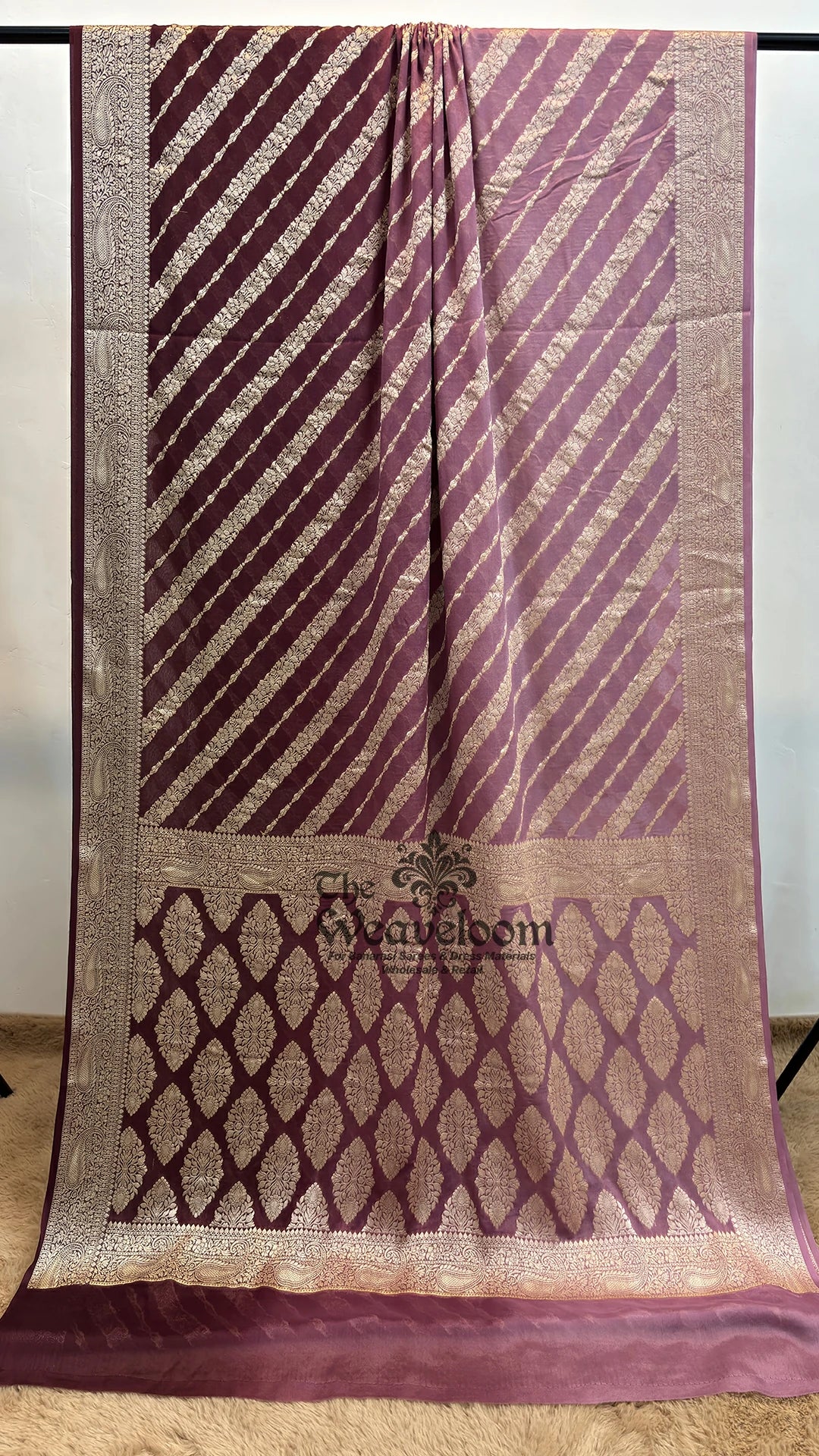 Wine Ombre Lehriya Crepe Georgette Pure Banarasi Saree from The Weaveloom