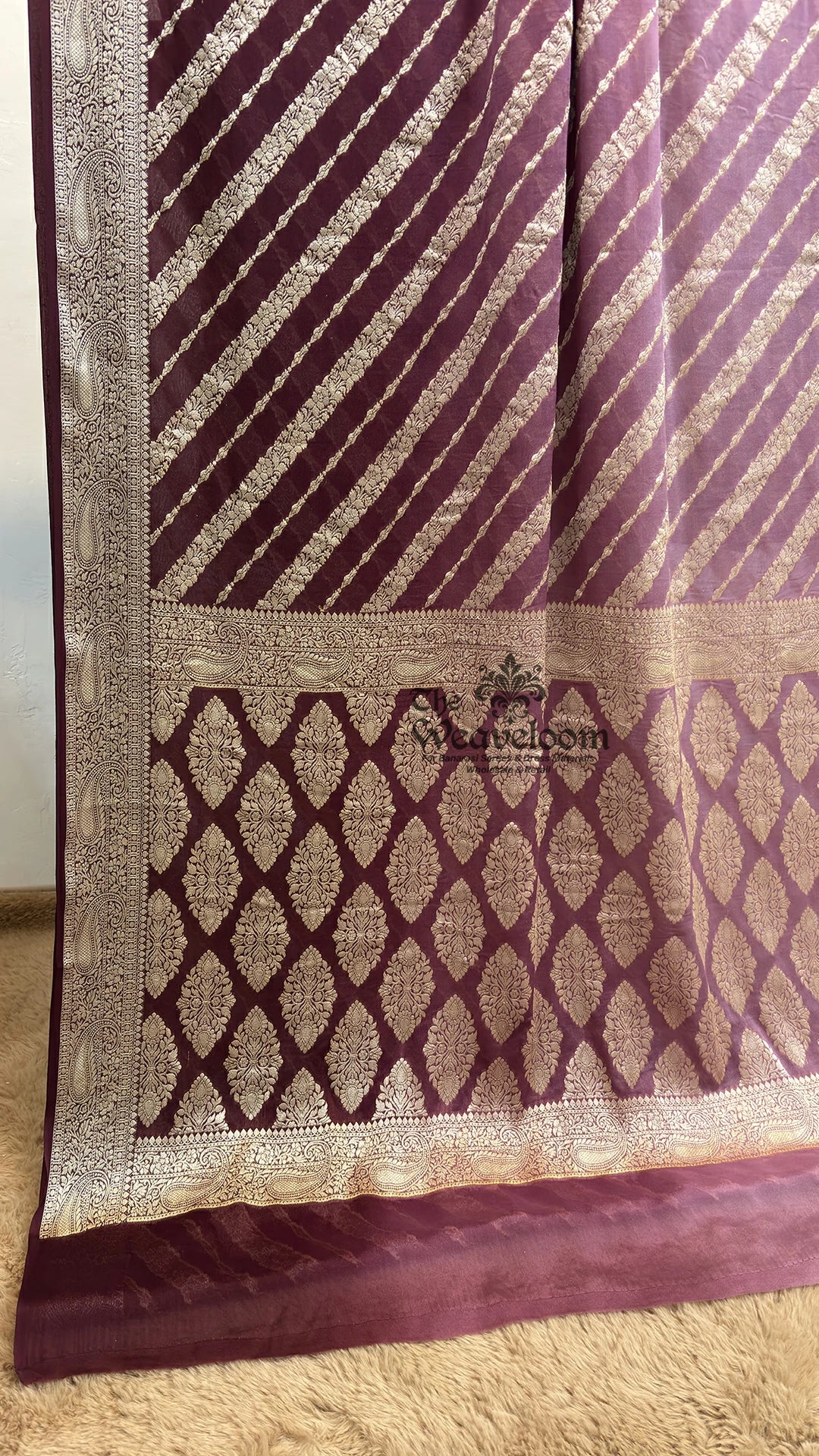 Wine Ombre Lehriya Crepe Georgette Pure Banarasi Saree from The Weaveloom