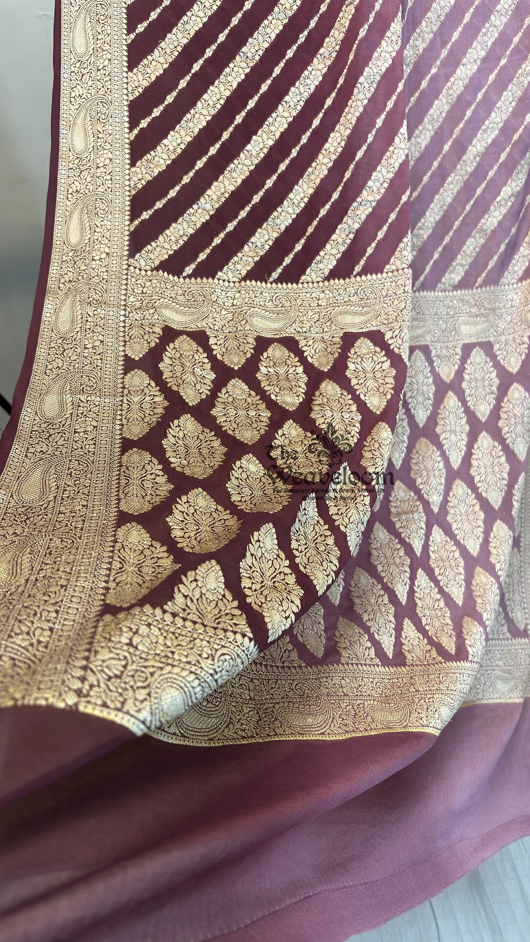 Wine Ombre Lehriya Crepe Georgette Pure Banarasi Saree from The Weaveloom