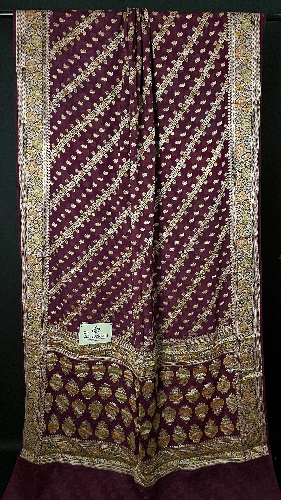 Wine Pure Crepe Georgette Banarasi Saree with Handbrush Dye Floral Zari Work – The Weaveloom