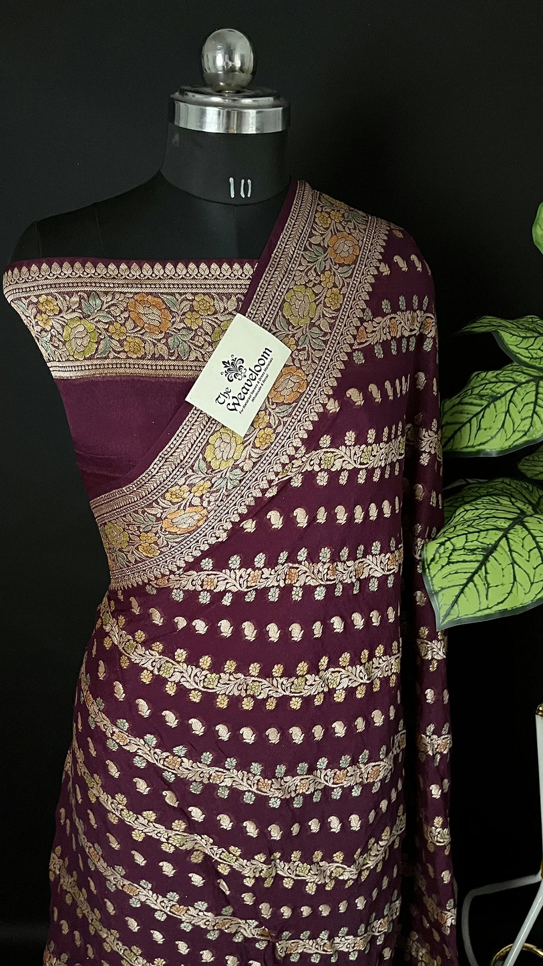 Wine Pure Crepe Georgette Banarasi Saree with Handbrush Dye Floral Zari Work – The Weaveloom