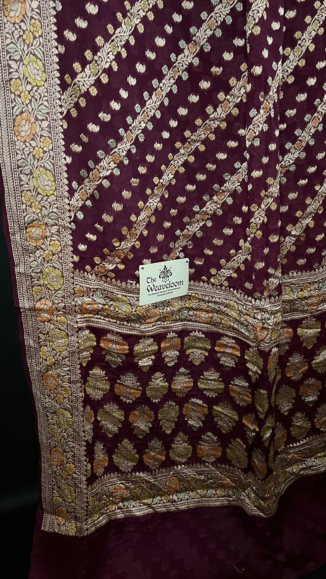 Wine Pure Crepe Georgette Banarasi Saree with Handbrush Dye Floral Zari Work – The Weaveloom
