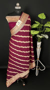 Wine Pure Crepe Georgette Banarasi Saree Meenakari Polka Diagonal Zari Stripes - The Weaveloom