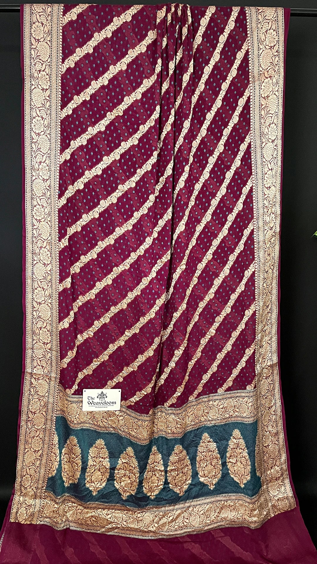 Wine Pure Crepe Georgette Banarasi Saree Meenakari Polka Diagonal Zari Stripes - The Weaveloom