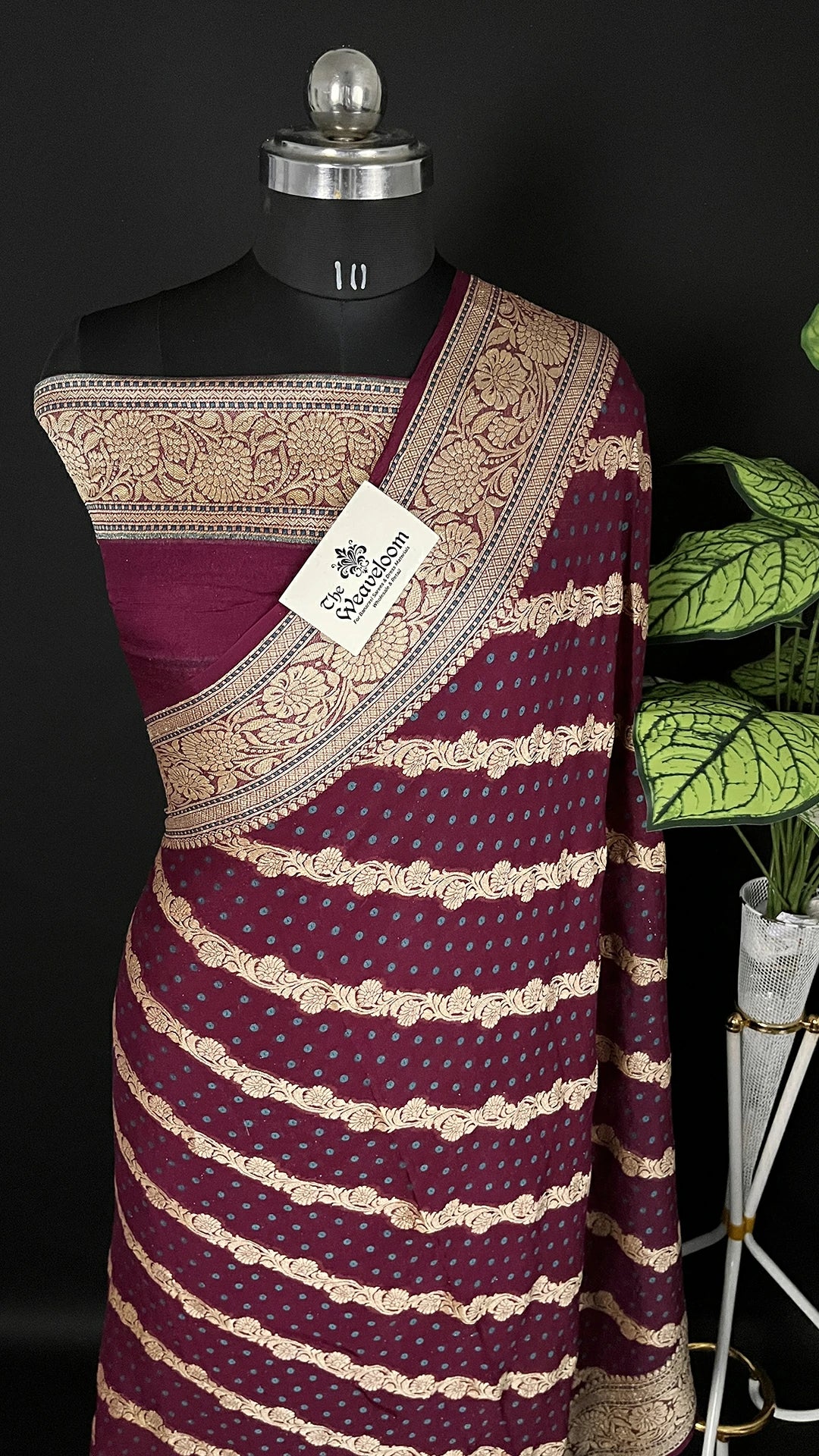 Wine Pure Crepe Georgette Banarasi Saree Meenakari Polka Diagonal Zari Stripes - The Weaveloom
