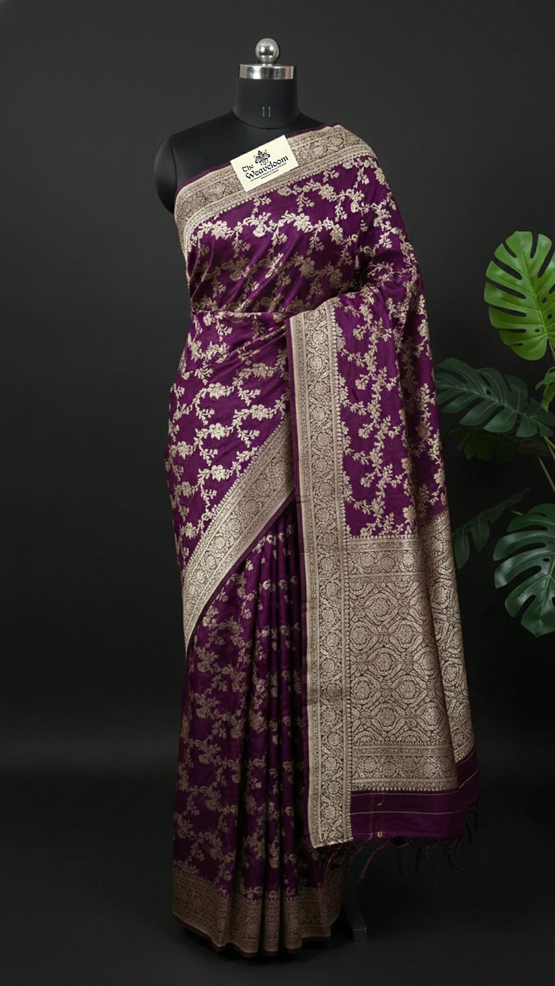 Wine Pure Katan Silk Banarasi Saree with Jangla Zari Work by The Weaveloom