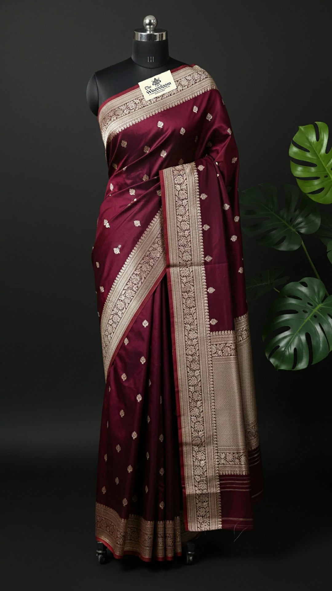Wine Pure Katan Silk Handloom Banarasi Saree With Zari Buti And Traditional Border by The Weaveloom