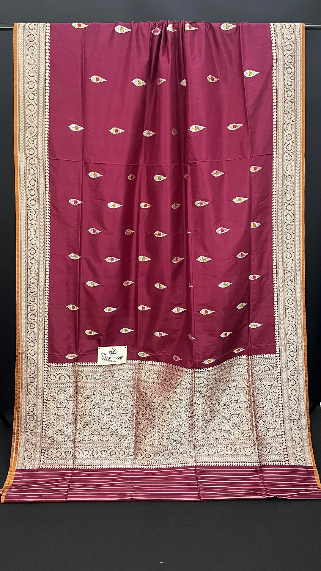 Wine Pure Katan Silk Handloom Meenakari Leaf Buti Banarasi Saree by The Weaveloom