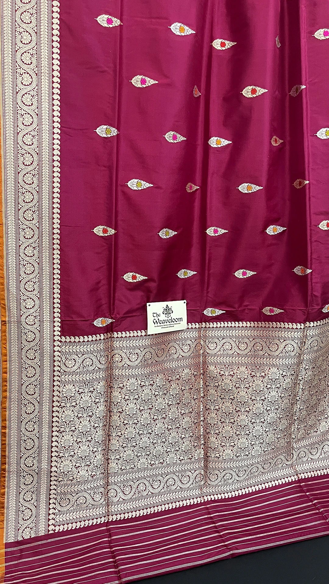 Wine Pure Katan Silk Handloom Meenakari Leaf Buti Banarasi Saree by The Weaveloom