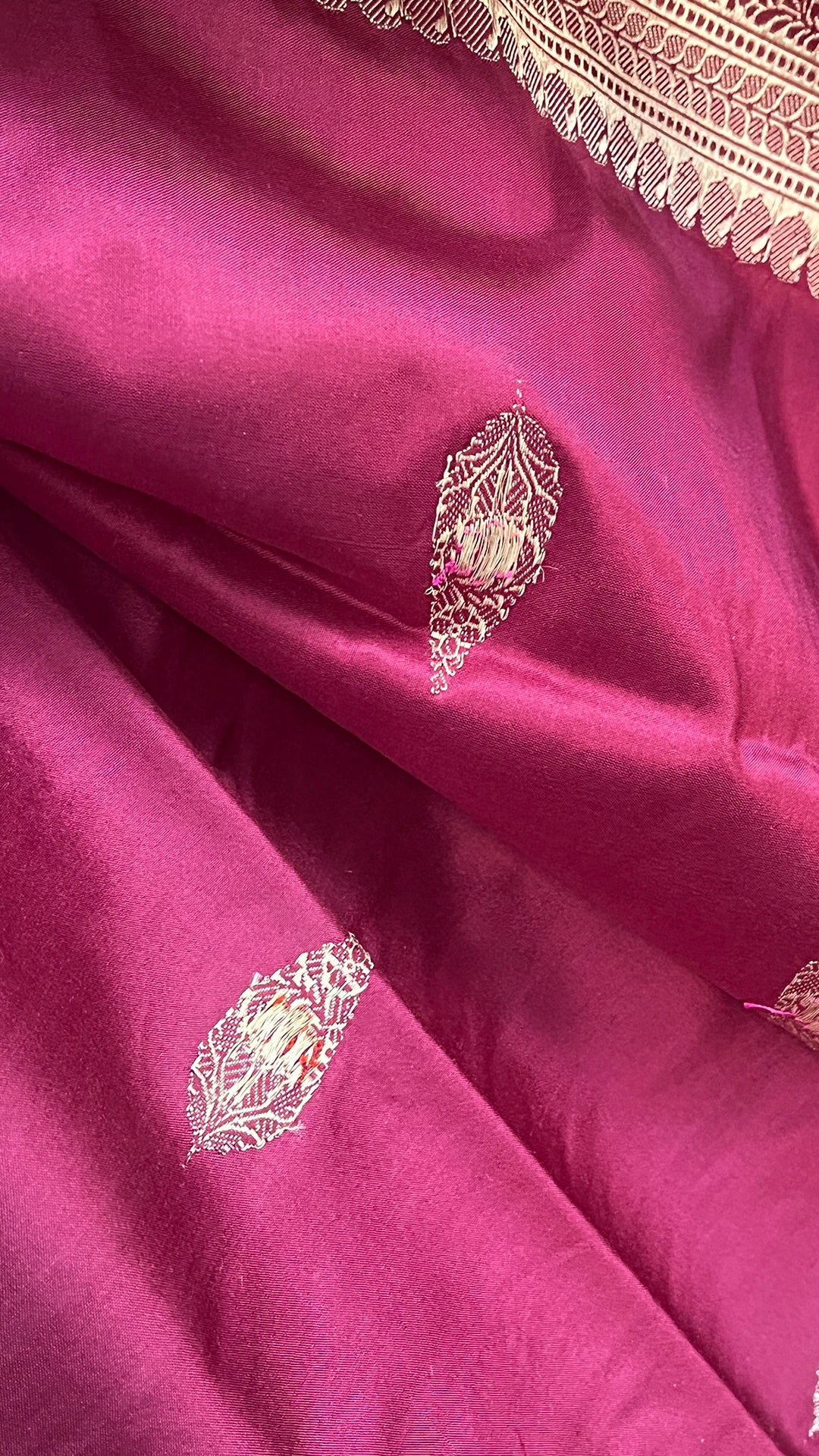 Wine Pure Katan Silk Handloom Meenakari Leaf Buti Banarasi Saree by The Weaveloom