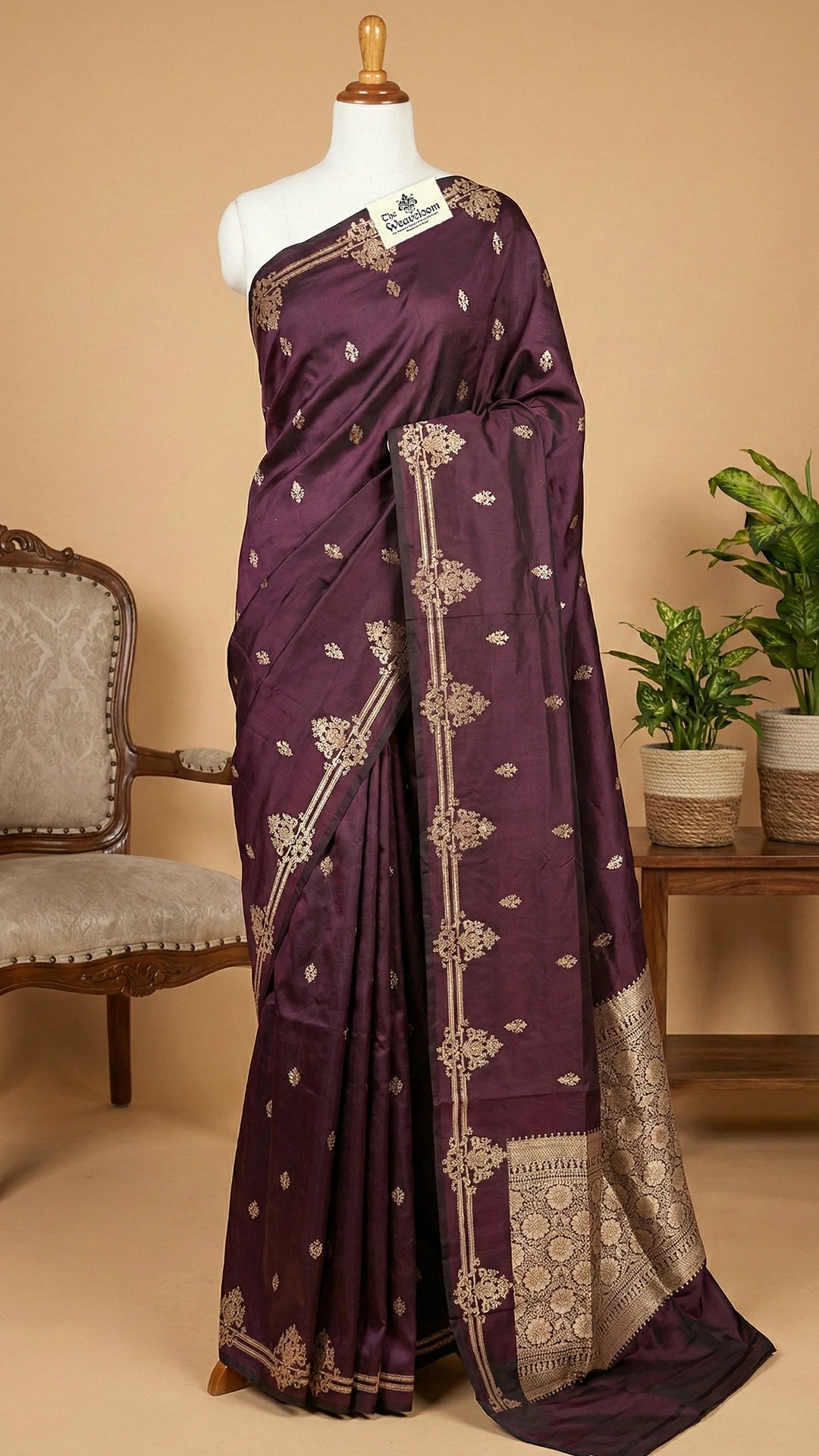 Wine - Pure Katan Silk Handwoven (Kadwa) Banarasi Saree With Gold Zari Floral Border