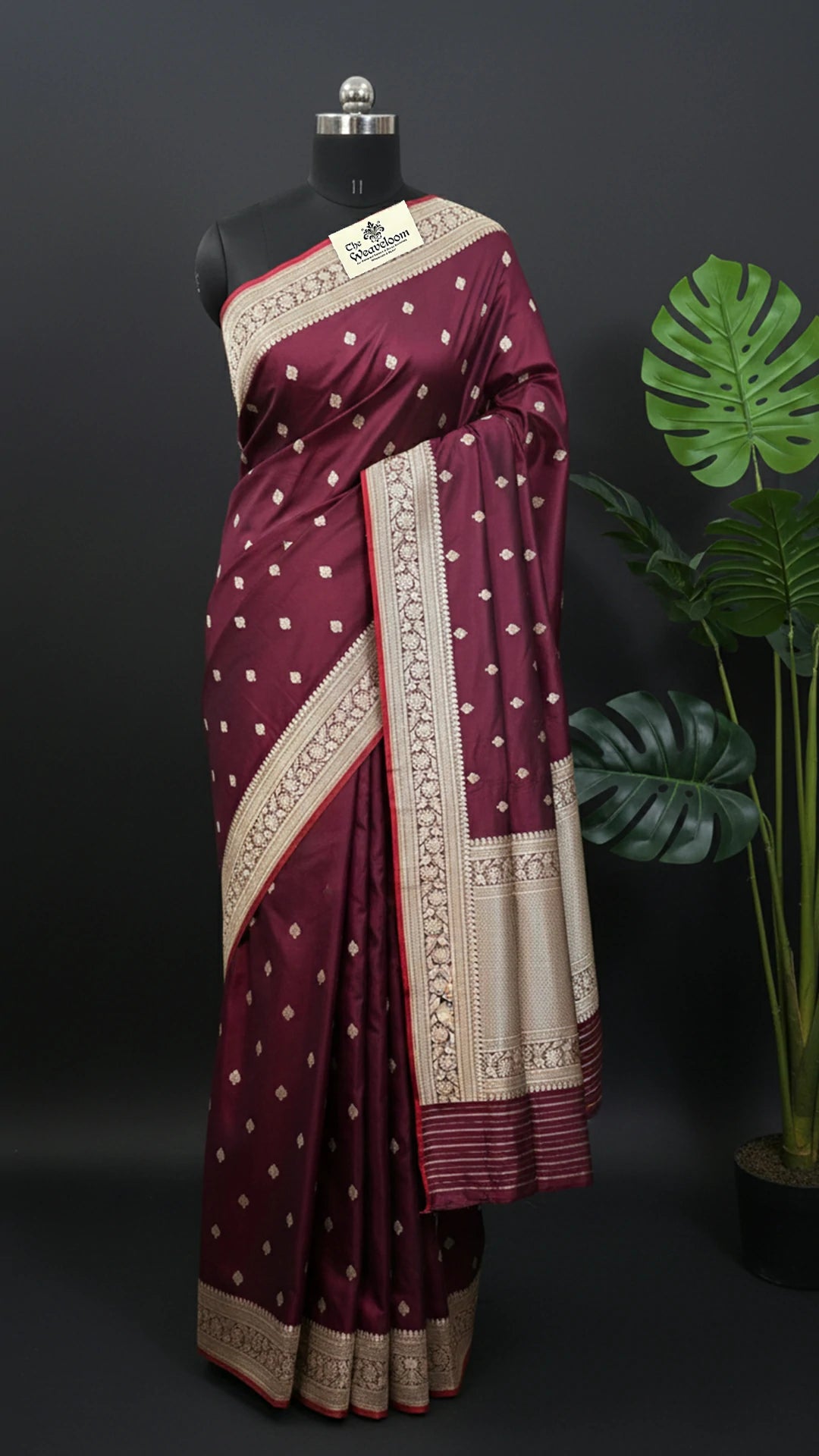 Wine Pure Katan Silk Kadwa Handloom Banarasi Saree Silver Buttas Floral Brocade - The Weaveloom