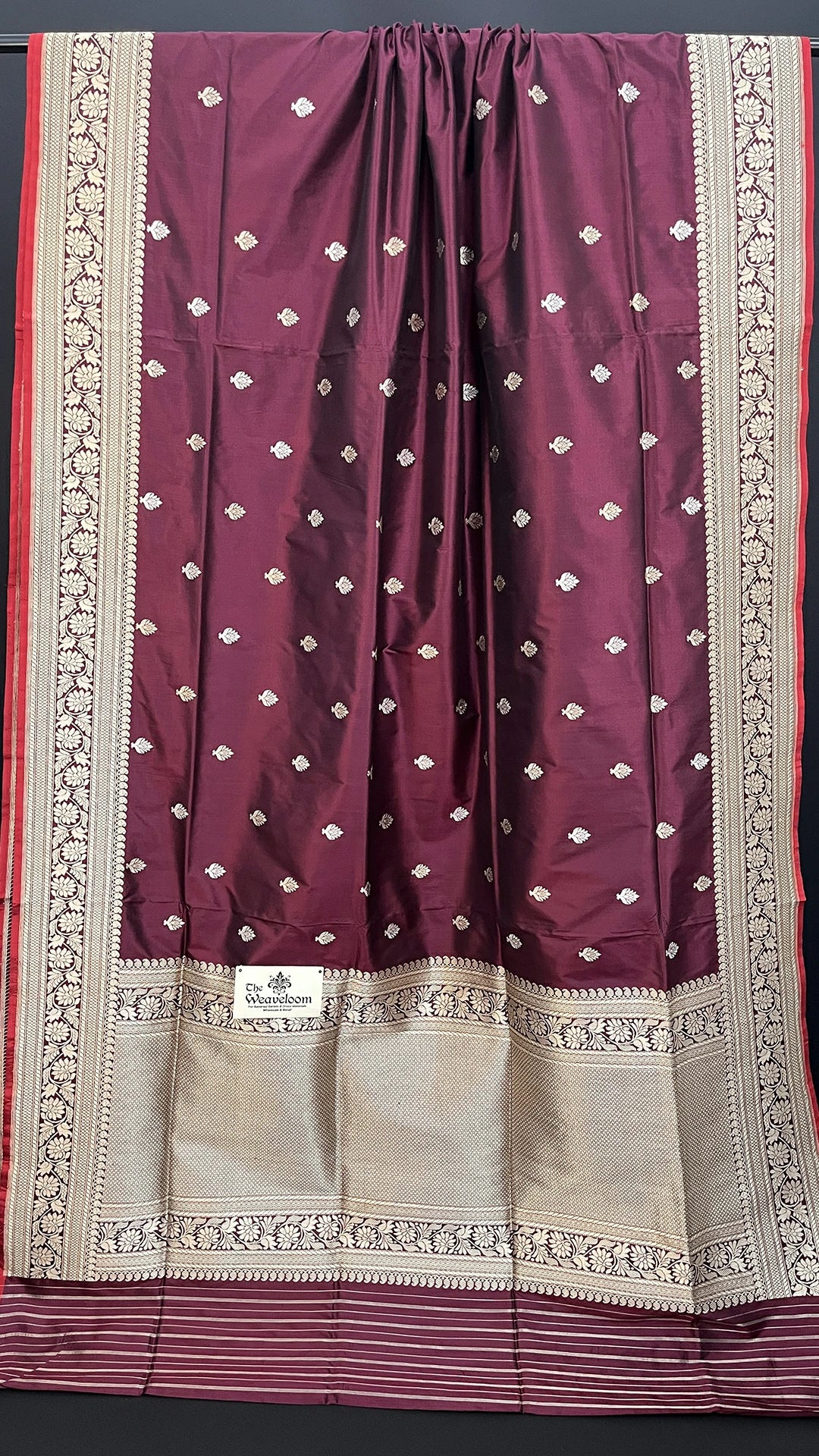 Wine Pure Katan Silk Kadwa Handloom Banarasi Saree Silver Buttas Floral Brocade - The Weaveloom