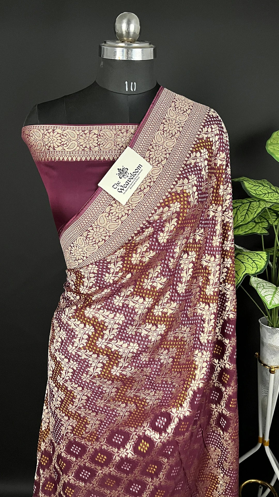 Wine Pure Viscose Georgette Banarasi Saree with Bandhej Meenakari & Zari Floral Border by The Weaveloom