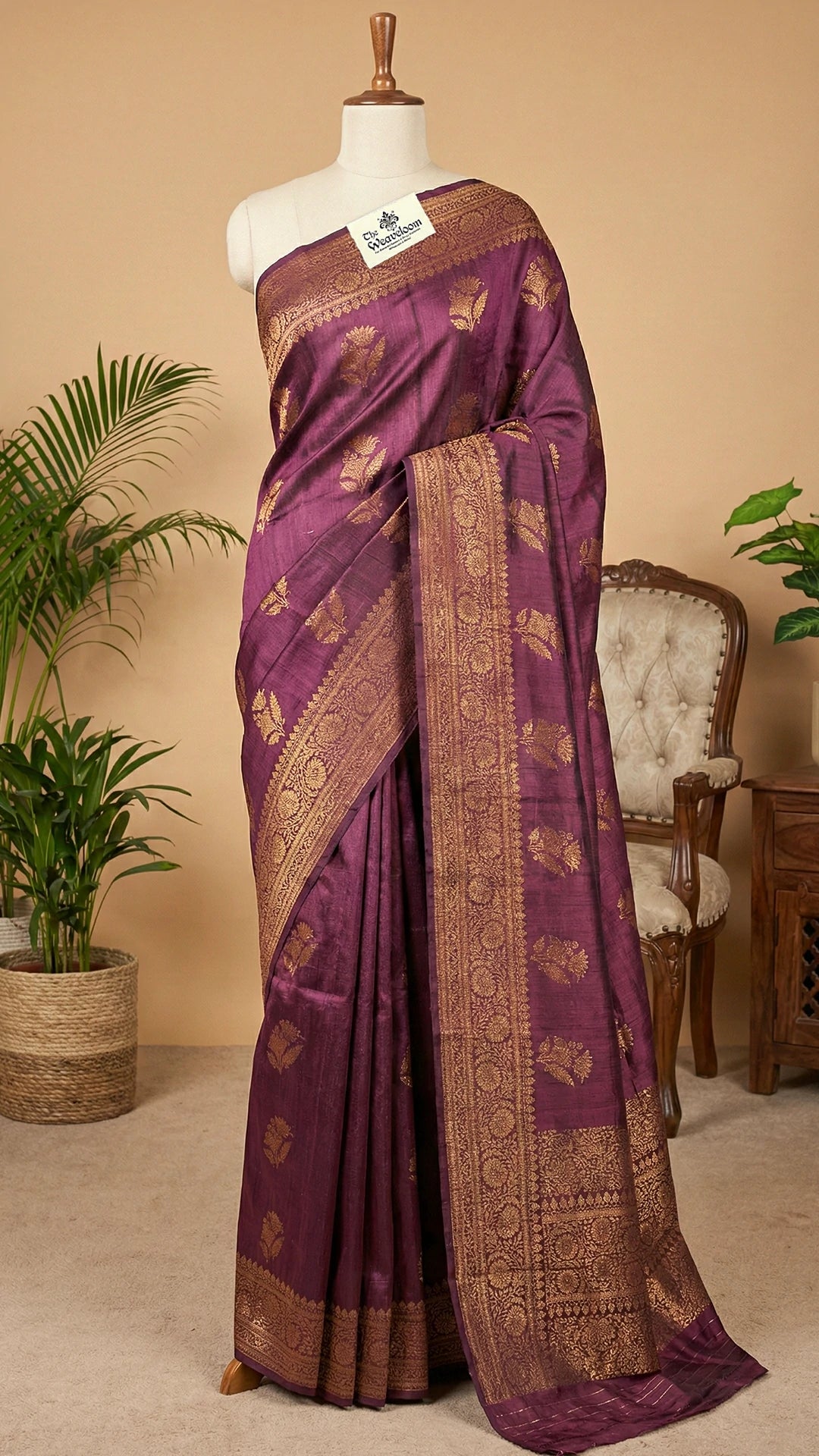 Wine Raw Silk Pure Handloom Banarasi Saree with Antique Zari Floral Border & Buti Work by The Weaveloom