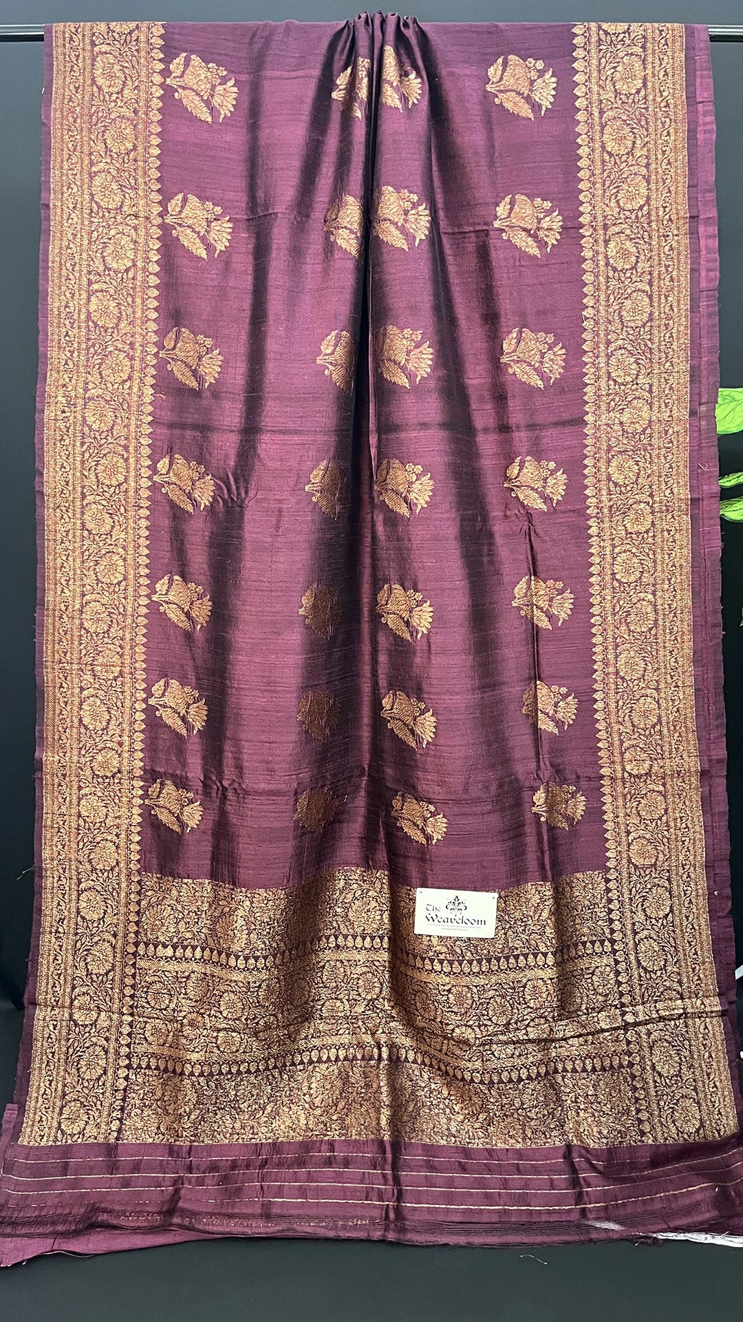 Wine Raw Silk Pure Handloom Banarasi Saree with Antique Zari Floral Border & Buti Work by The Weaveloom