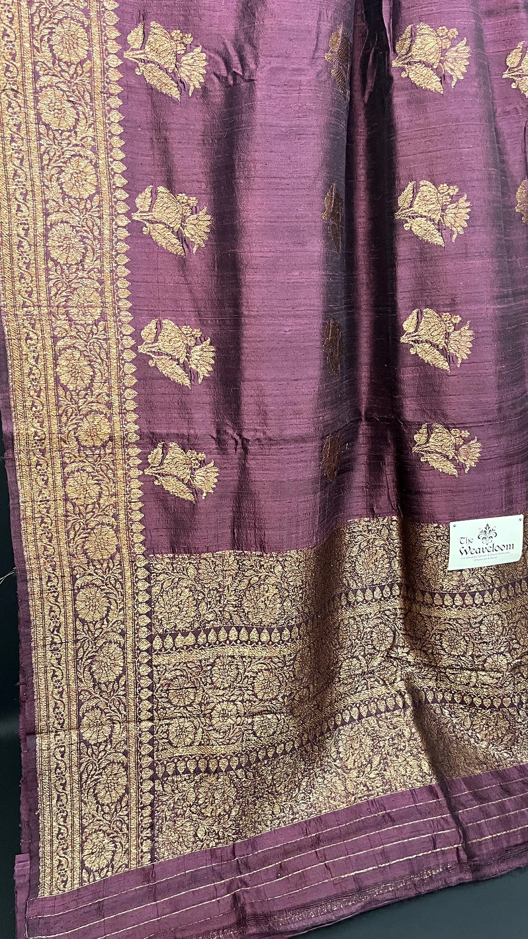Wine Raw Silk Pure Handloom Banarasi Saree with Antique Zari Floral Border & Buti Work by The Weaveloom