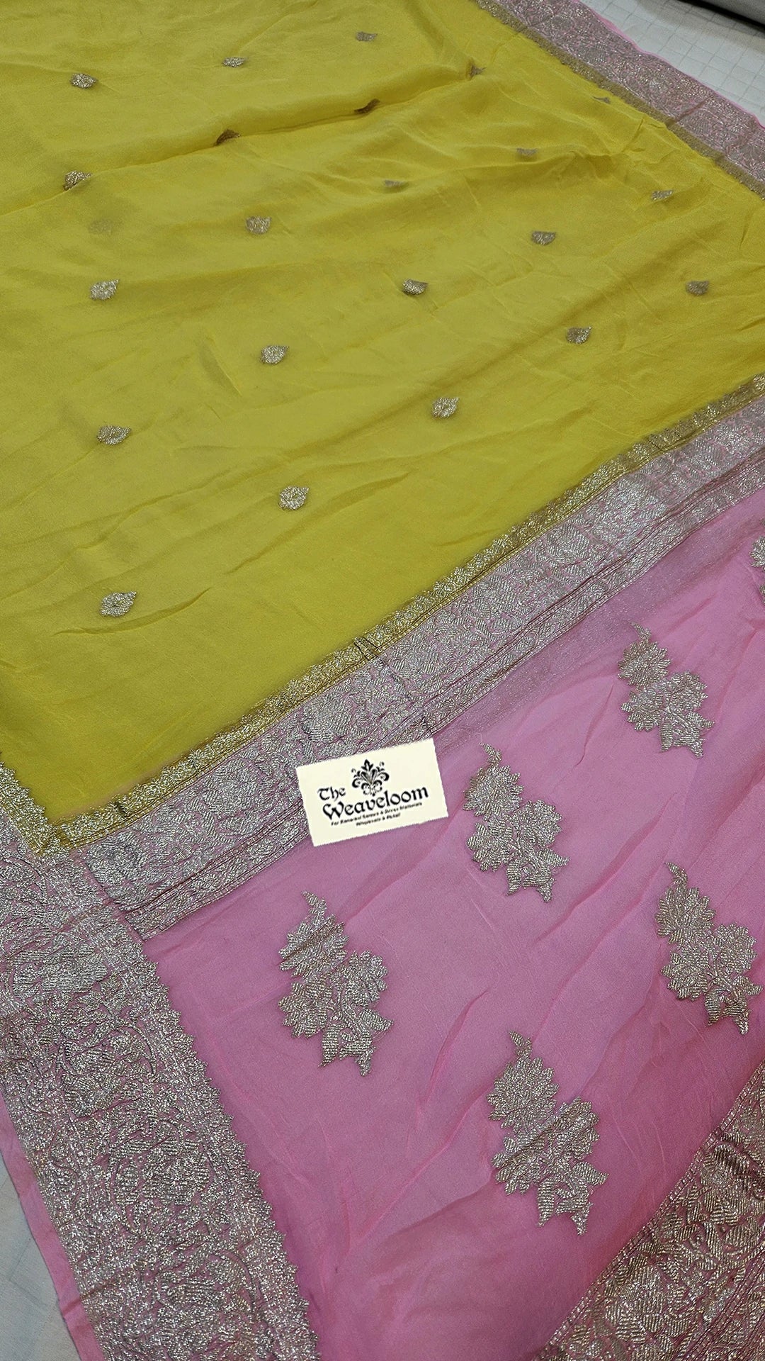 Yellow & Baby Pink Khaddi Georgette Pure Banarasi Saree with Silver Zari Border by The Weaveloom