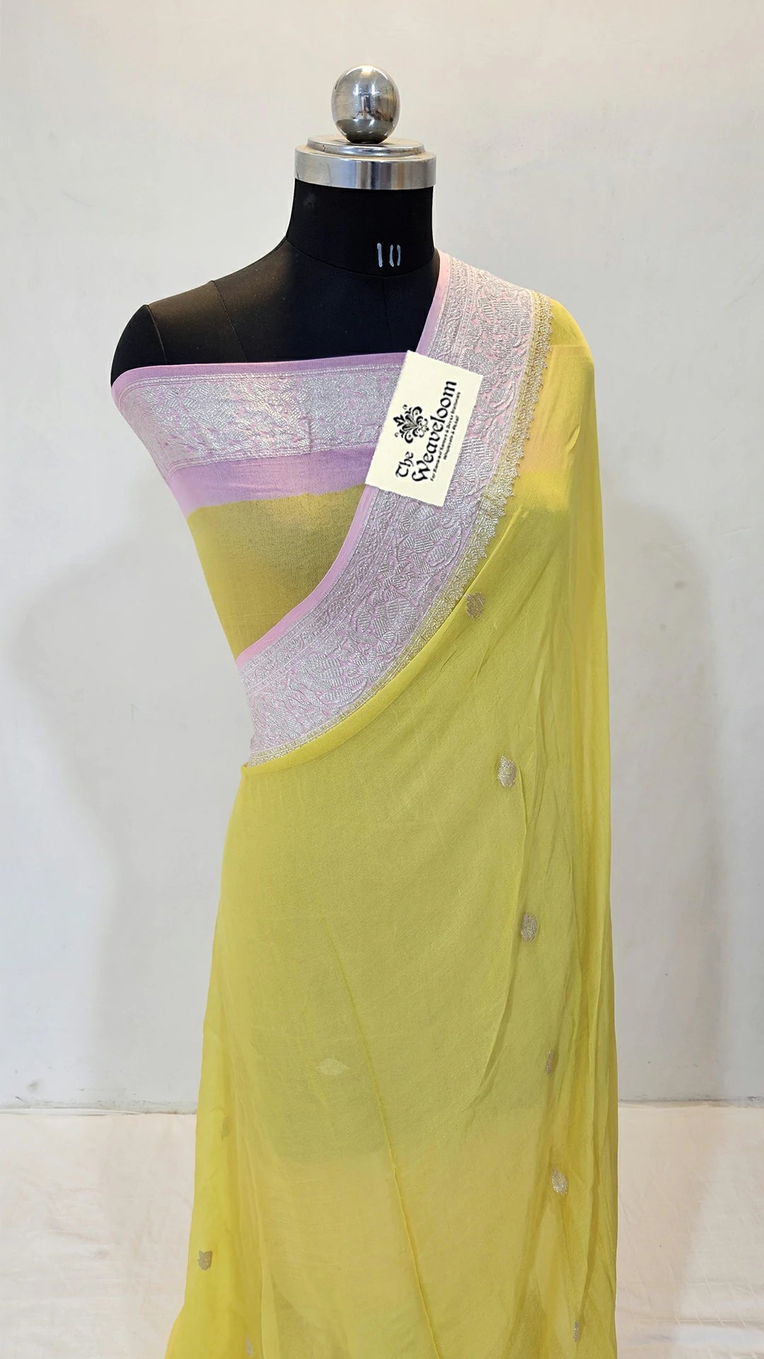 Yellow & Baby Pink Khaddi Georgette Pure Banarasi Saree with Silver Zari Border by The Weaveloom
