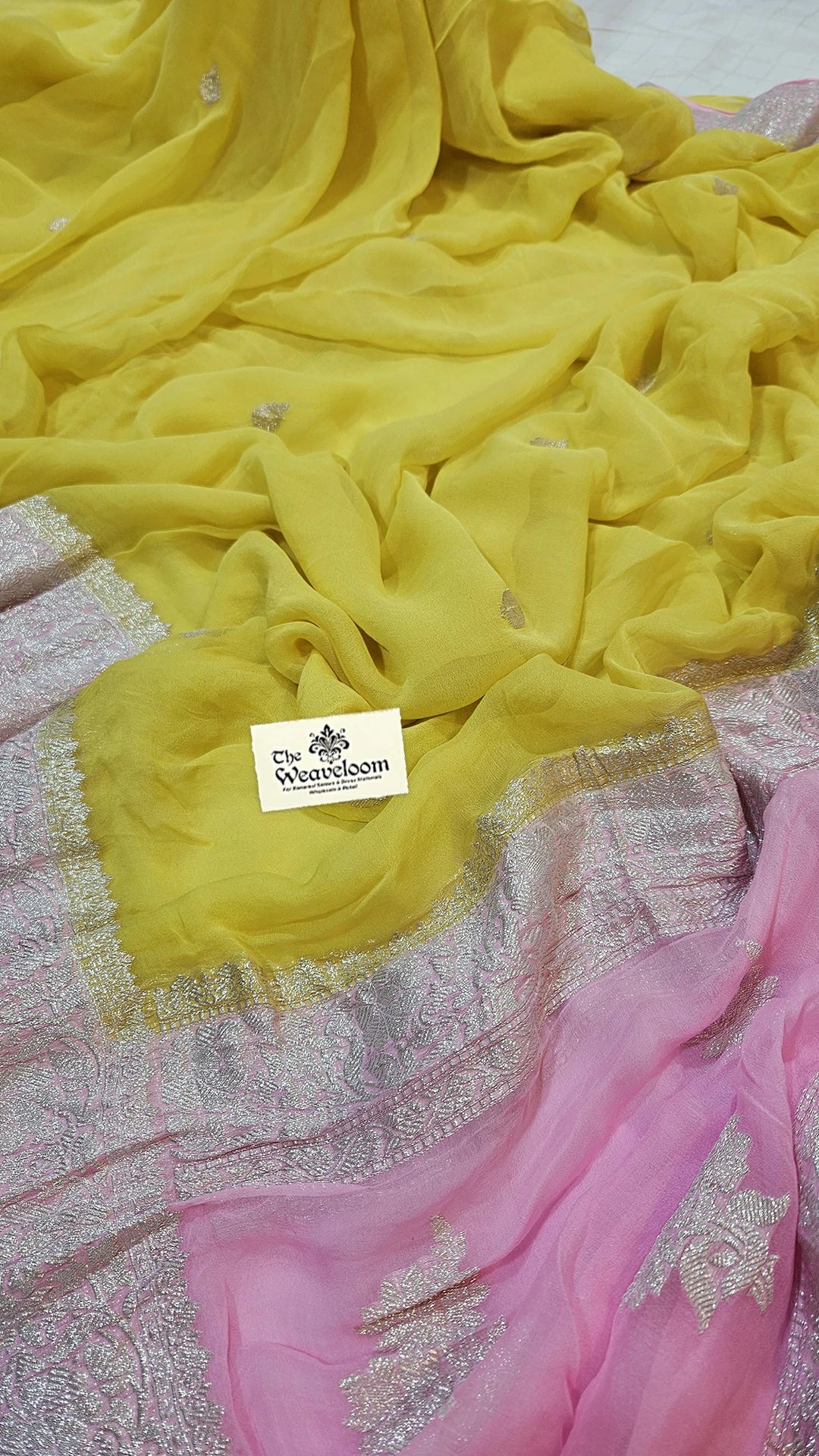 Yellow & Baby Pink Khaddi Georgette Pure Banarasi Saree with Silver Zari Border by The Weaveloom