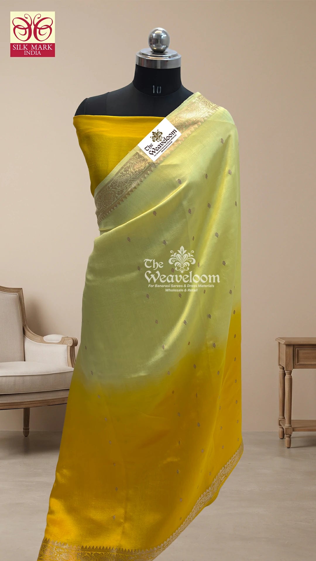 Yellow & Cream Dual Shade Booti Motif Handloom Pure Banarasi Saree by The Weaveloom