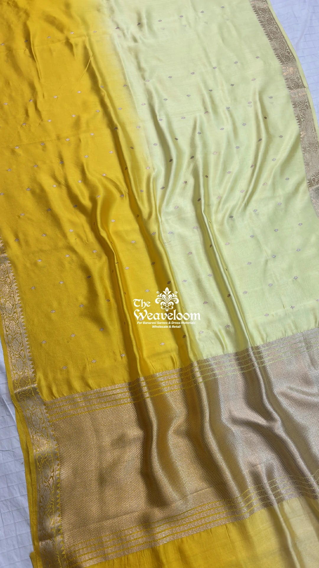 Yellow & Cream Dual Shade Booti Motif Handloom Pure Banarasi Saree by The Weaveloom