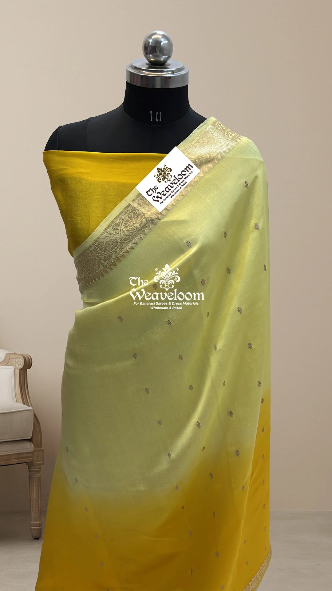 Yellow & Cream Dual Shade Booti Motif Handloom Pure Banarasi Saree by The Weaveloom