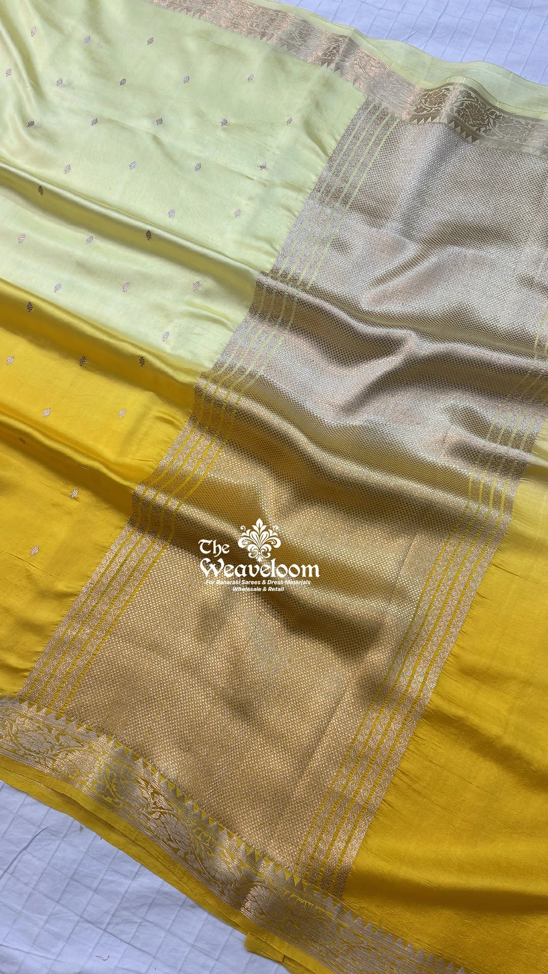 Yellow & Cream Dual Shade Booti Motif Handloom Pure Banarasi Saree by The Weaveloom