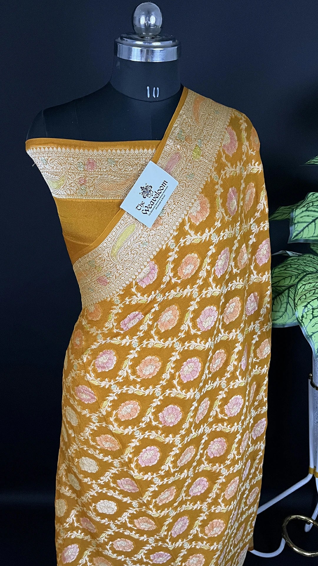 Yellow Crepe Georgette Pure Banarasi Saree Handbrush Zari Floral Motif The Weaveloom