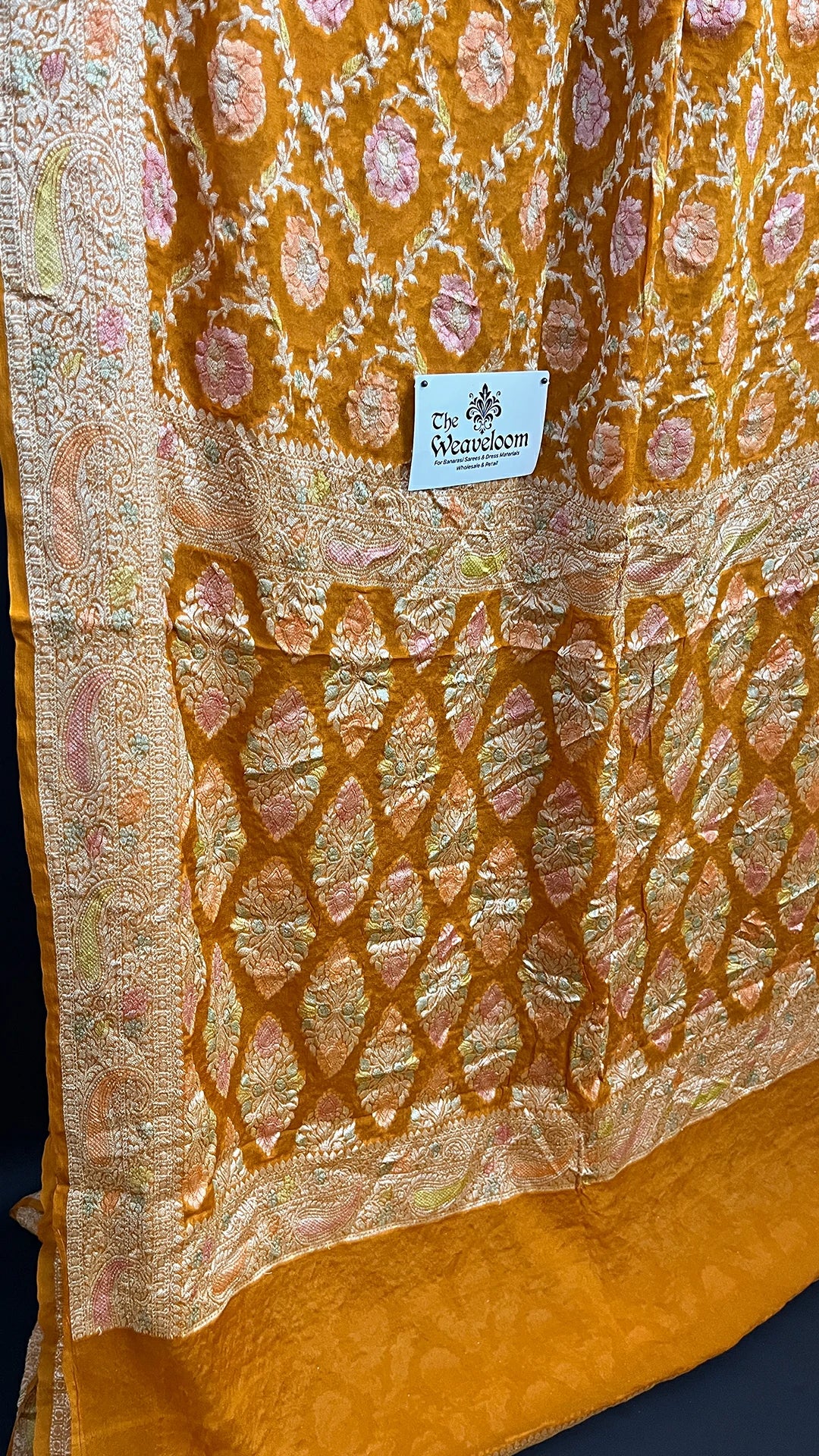 Yellow Crepe Georgette Pure Banarasi Saree Handbrush Zari Floral Motif The Weaveloom