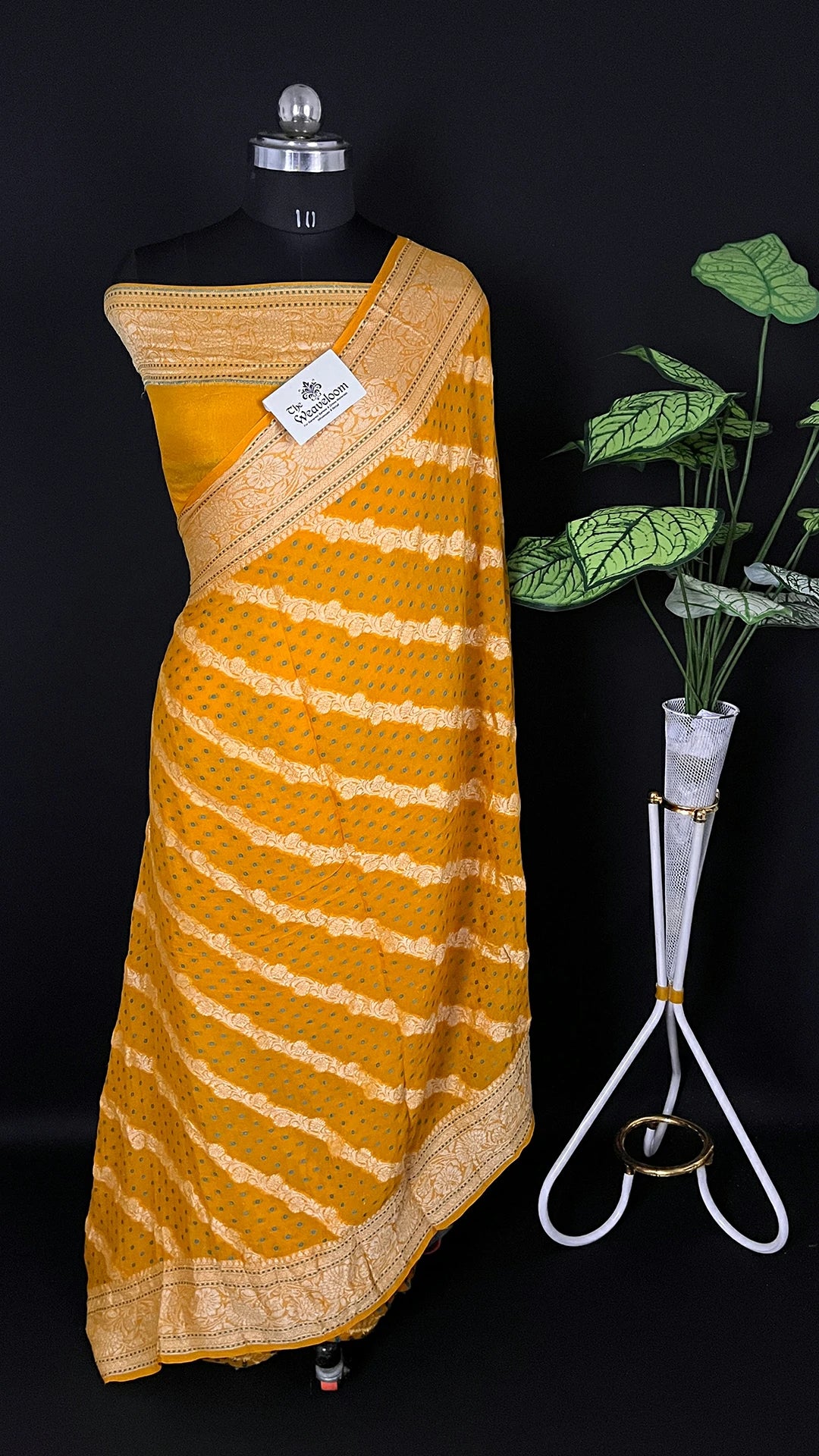 Yellow Crepe Georgette Pure Banarasi Saree Meenakari - The Weaveloom, meenakari blue dot motifs, gold zari border and green leaf pallu